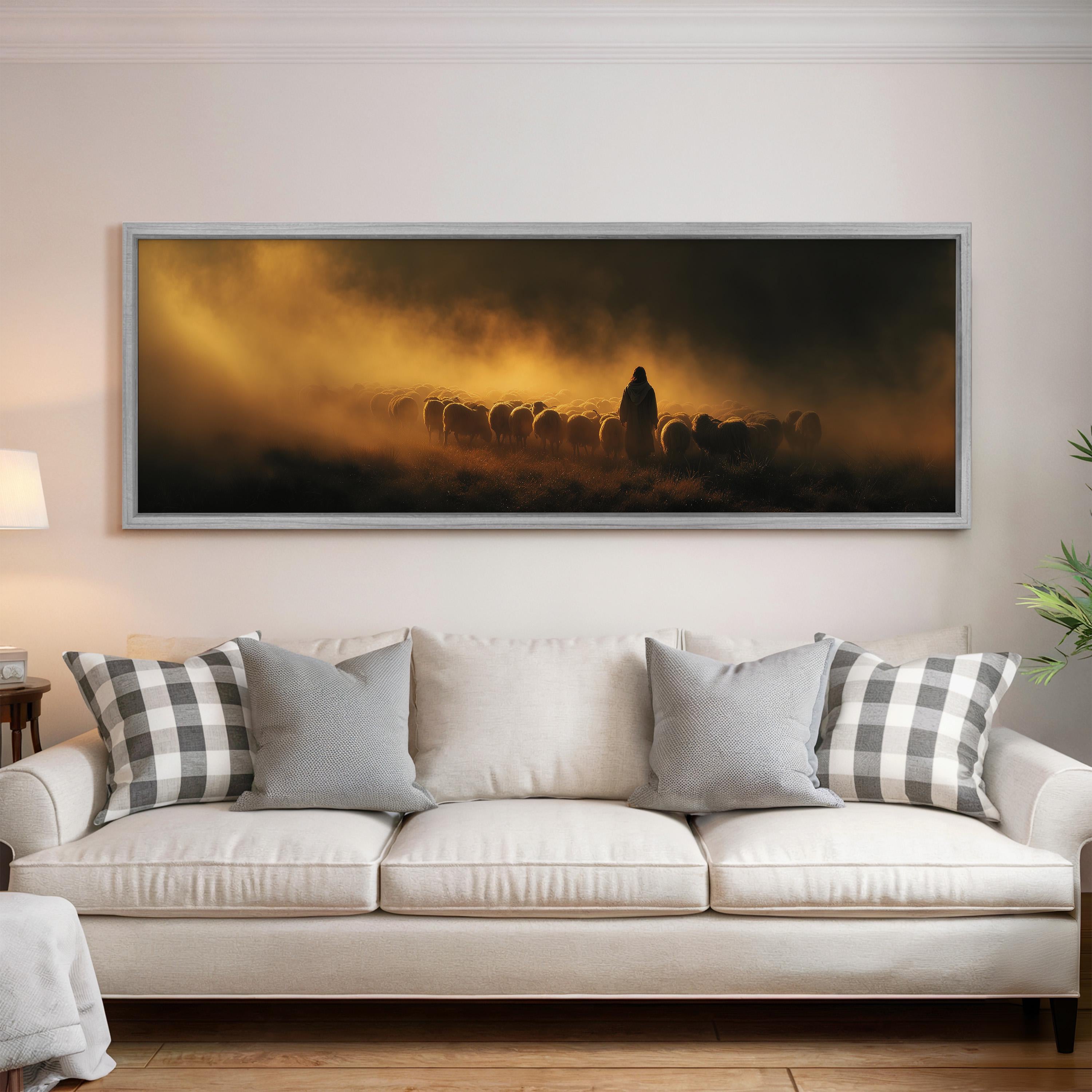 a large, framed painting hanging on a wall above a white couch with gray and white plaid throw pillows.