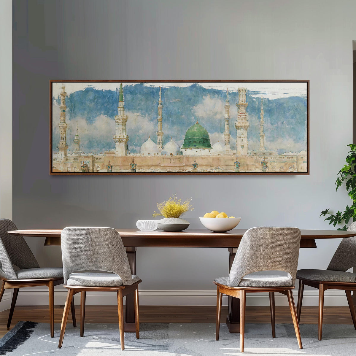 The green dome of the Prophet's Mosque in Medina long horizontal canvas print above a dining table