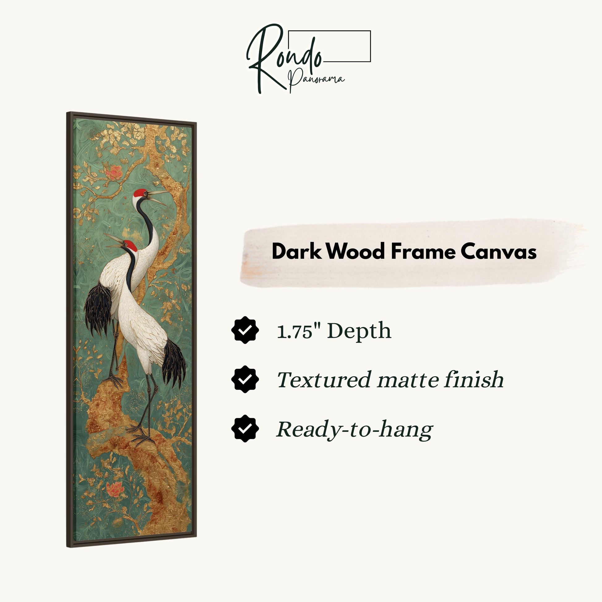 The image is a dark wood frame canvas featuring a painting of two cranes standing on a branch with flowers. The canvas has a 1.75" depth, is textured with a matte finish, and is ready to hang.