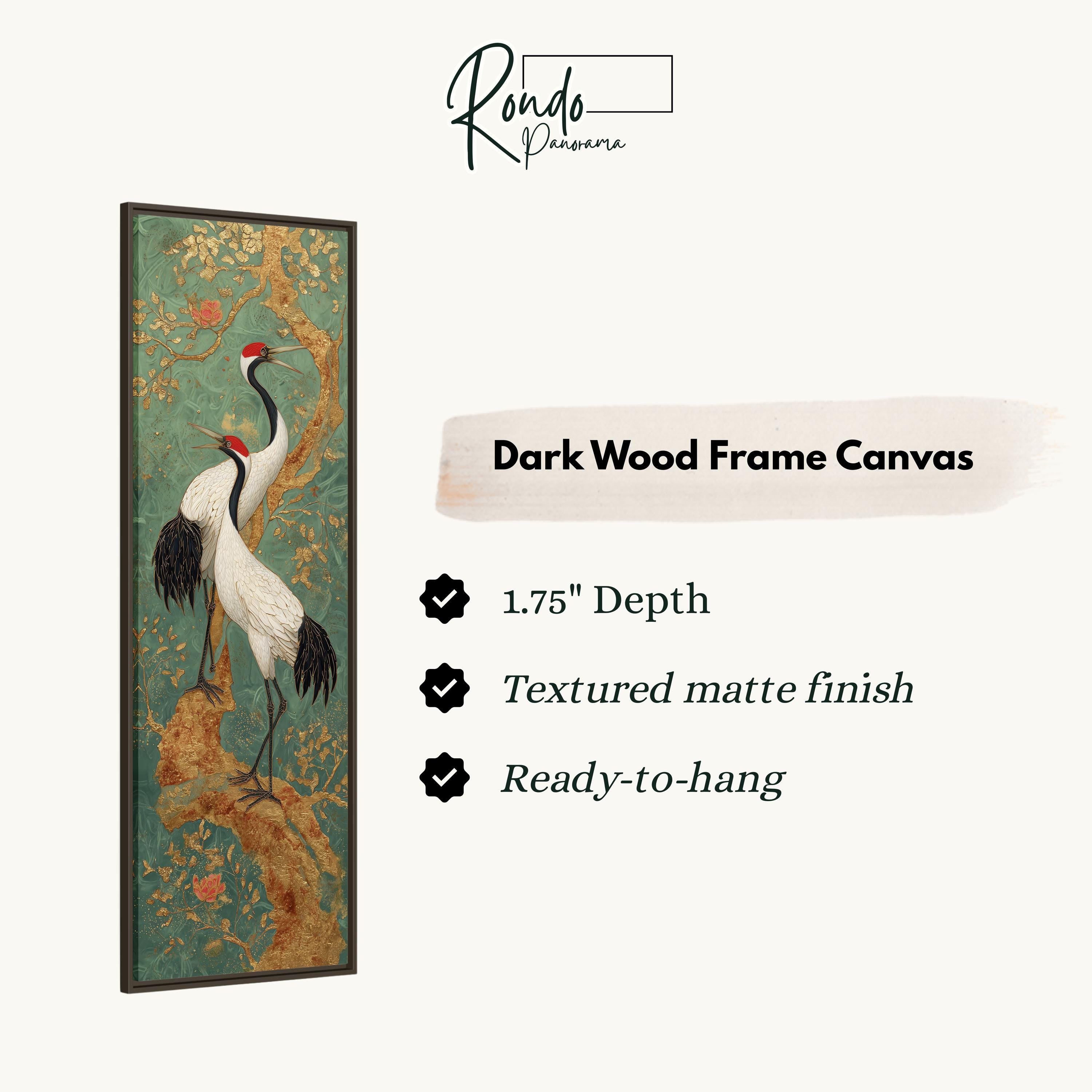 The image is a dark wood frame canvas featuring a painting of two cranes standing on a branch with flowers. The canvas has a 1.75" depth, is textured with a matte finish, and is ready to hang.