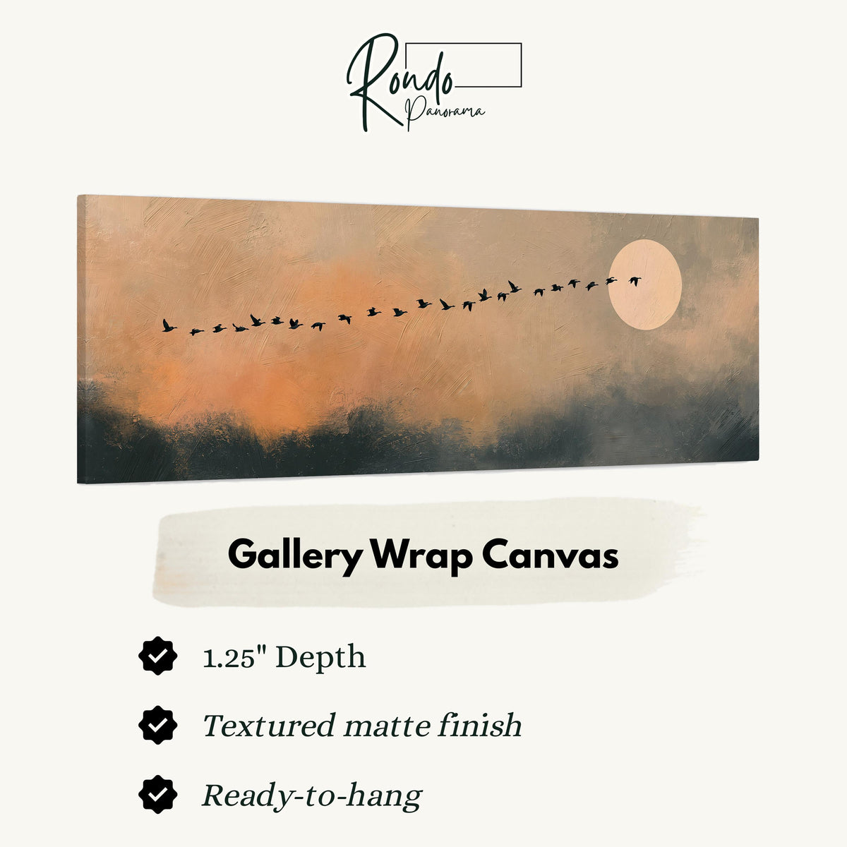 Migrating birds passing a moon at peach dusk gallery wrap canvas with the image wrapped around the edges