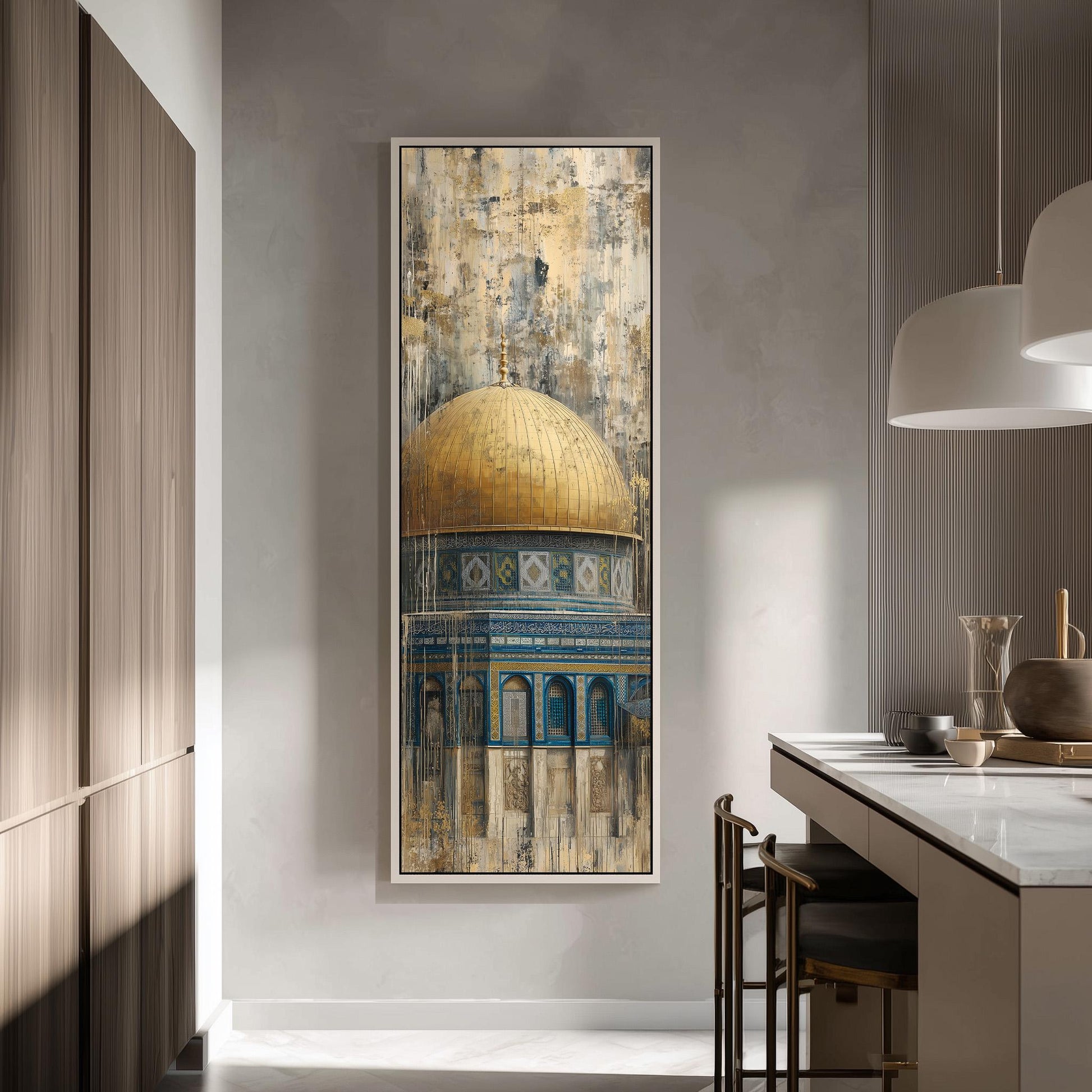 a large framed painting of a golden dome on a wall, with a wooden cabinet and a kitchen counter visible in the background.