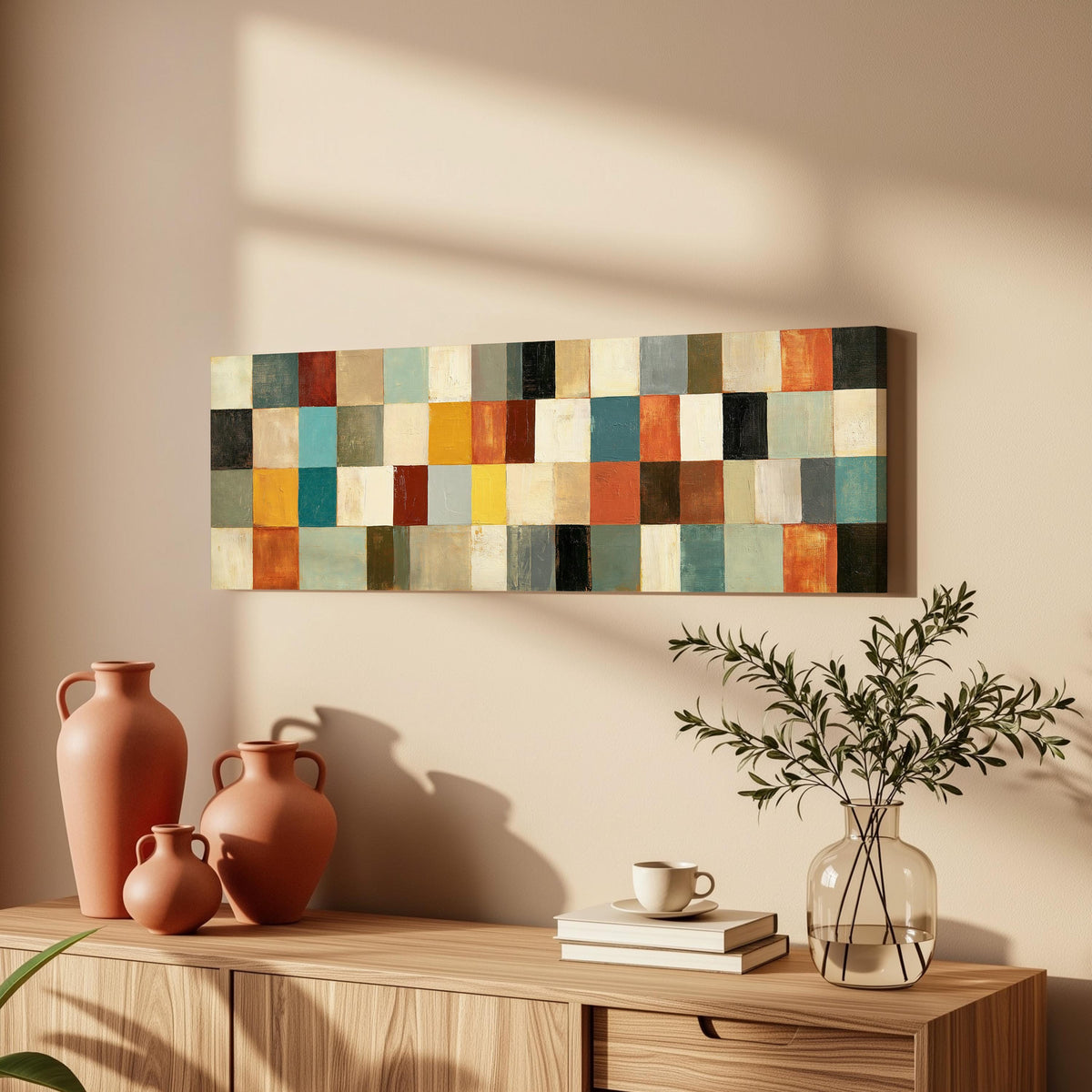 Colorful checkerboard mosaic grid long horizontal canvas print above a wooden sideboard