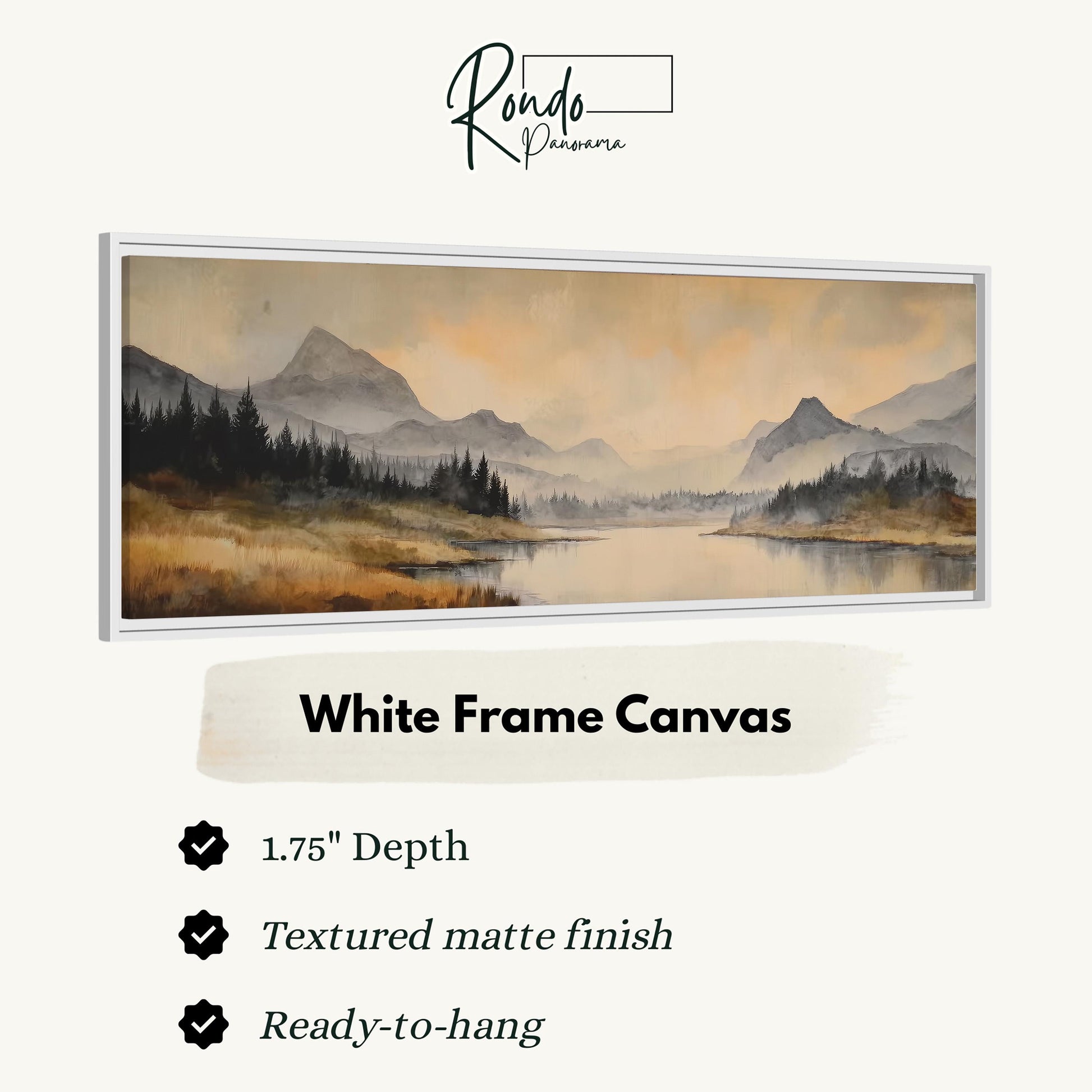 The image is a white frame canvas depicting a landscape with mountains, trees, and a lake.