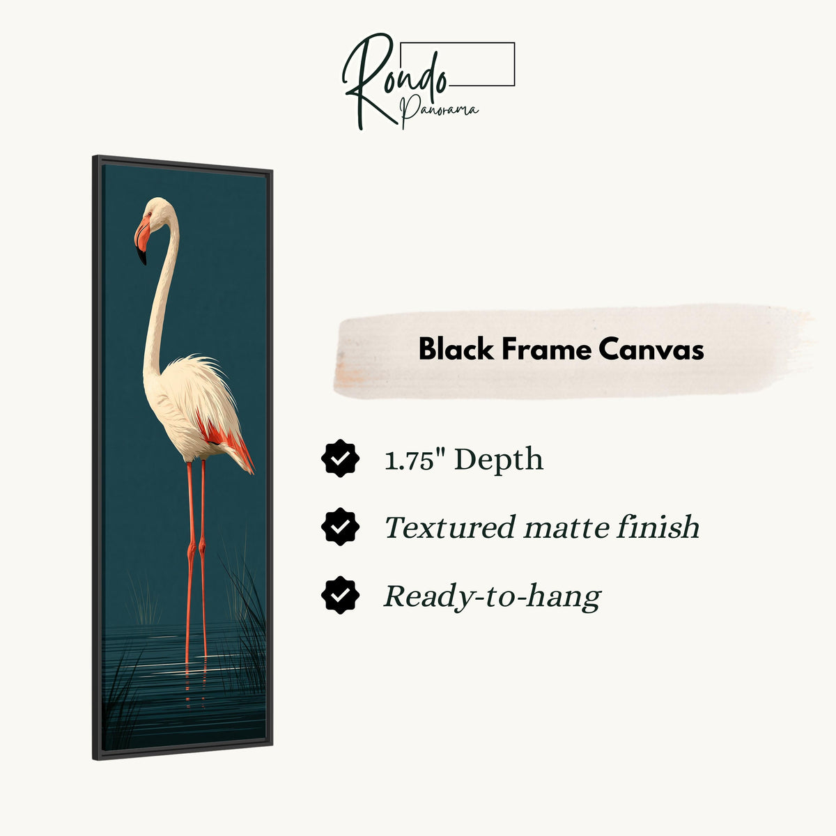 Pale flamingo standing on dark teal canvas print in a black floating frame