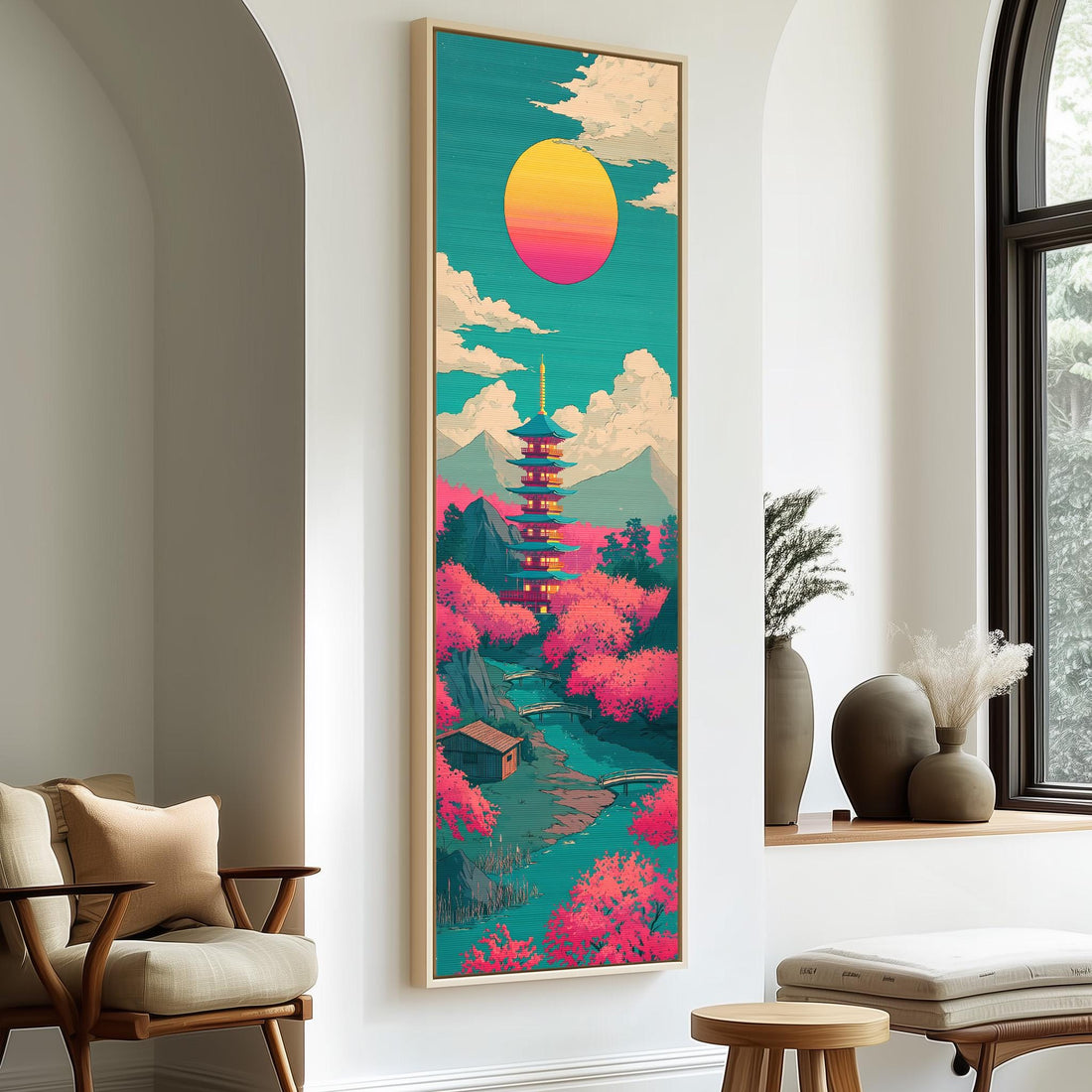 Pagoda under a pink and yellow sun long vertical canvas print in a sunlit living space