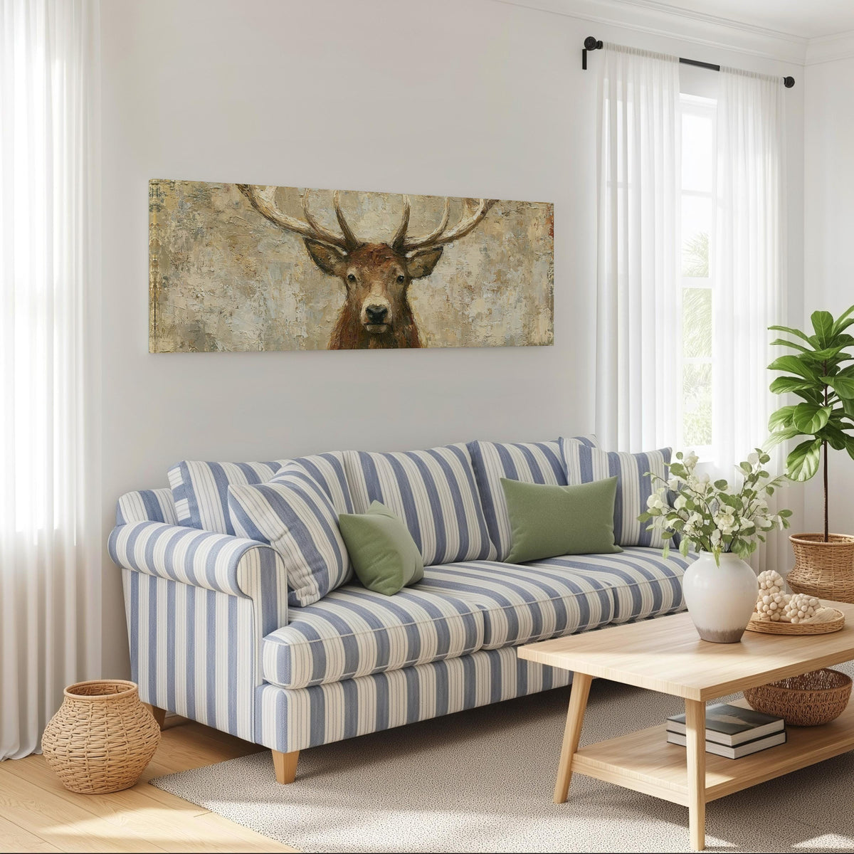 Rustic stag portrait long horizontal canvas print above a striped sofa in a coastal living room