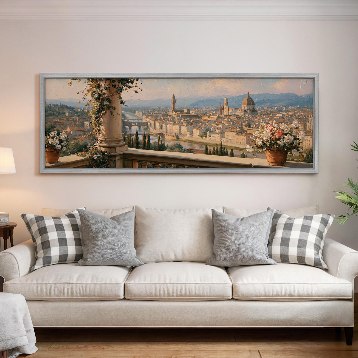 Florence skyline from a flowered balcony panoramic canvas print above a white sofa in a bright living room