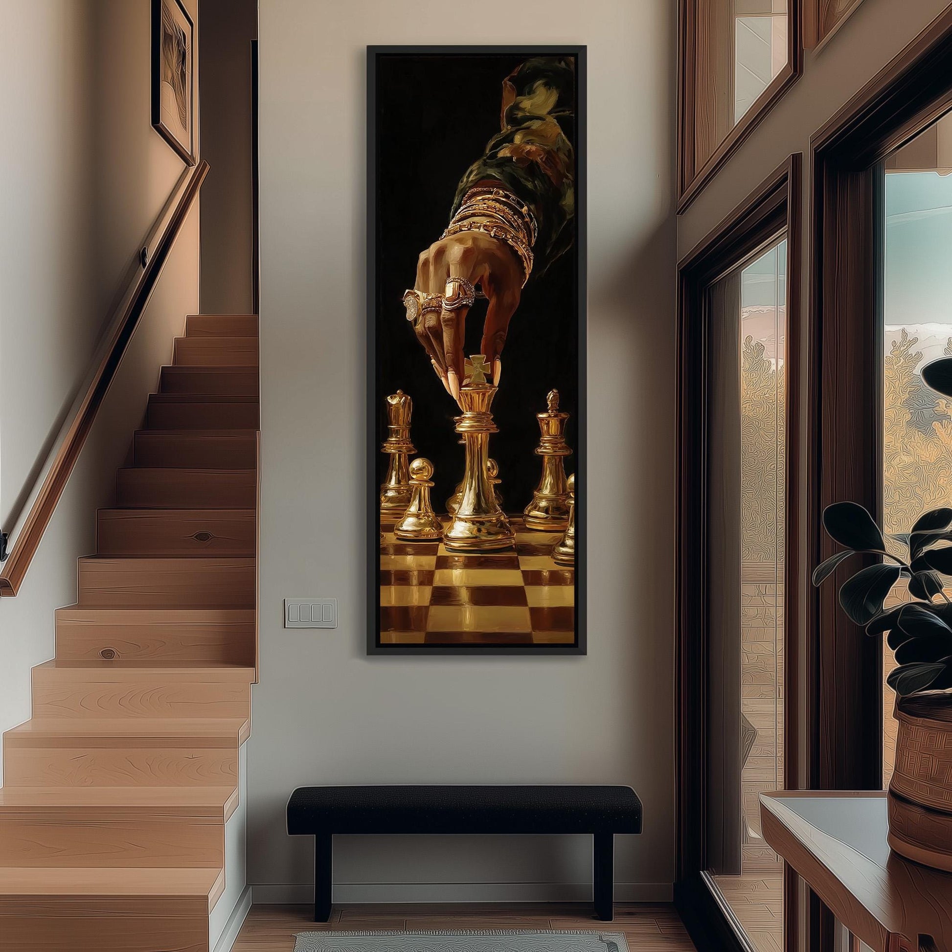 a large framed painting of a chessboard with a hand holding a chess piece, positioned above a black bench in a hallway.