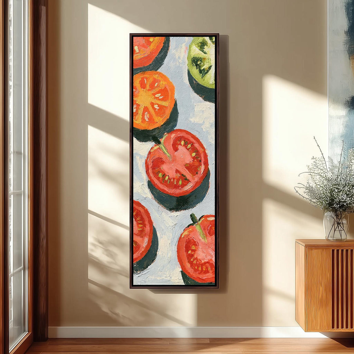 Sliced tomatoes tall narrow canvas print beside a staircase in an entryway