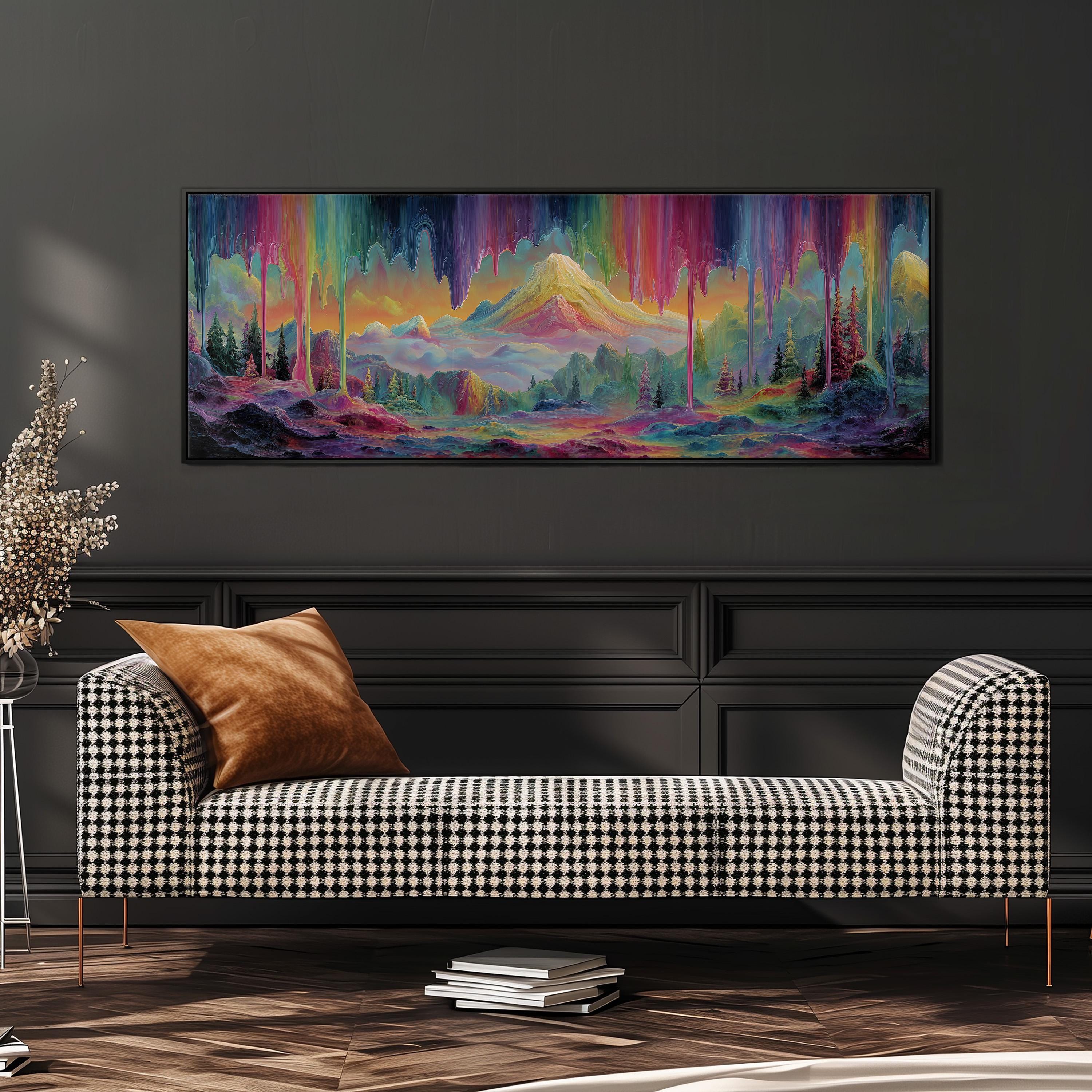 a large, colorful painting of a mountainous landscape hanging on a wall above a black and white checkered sofa.