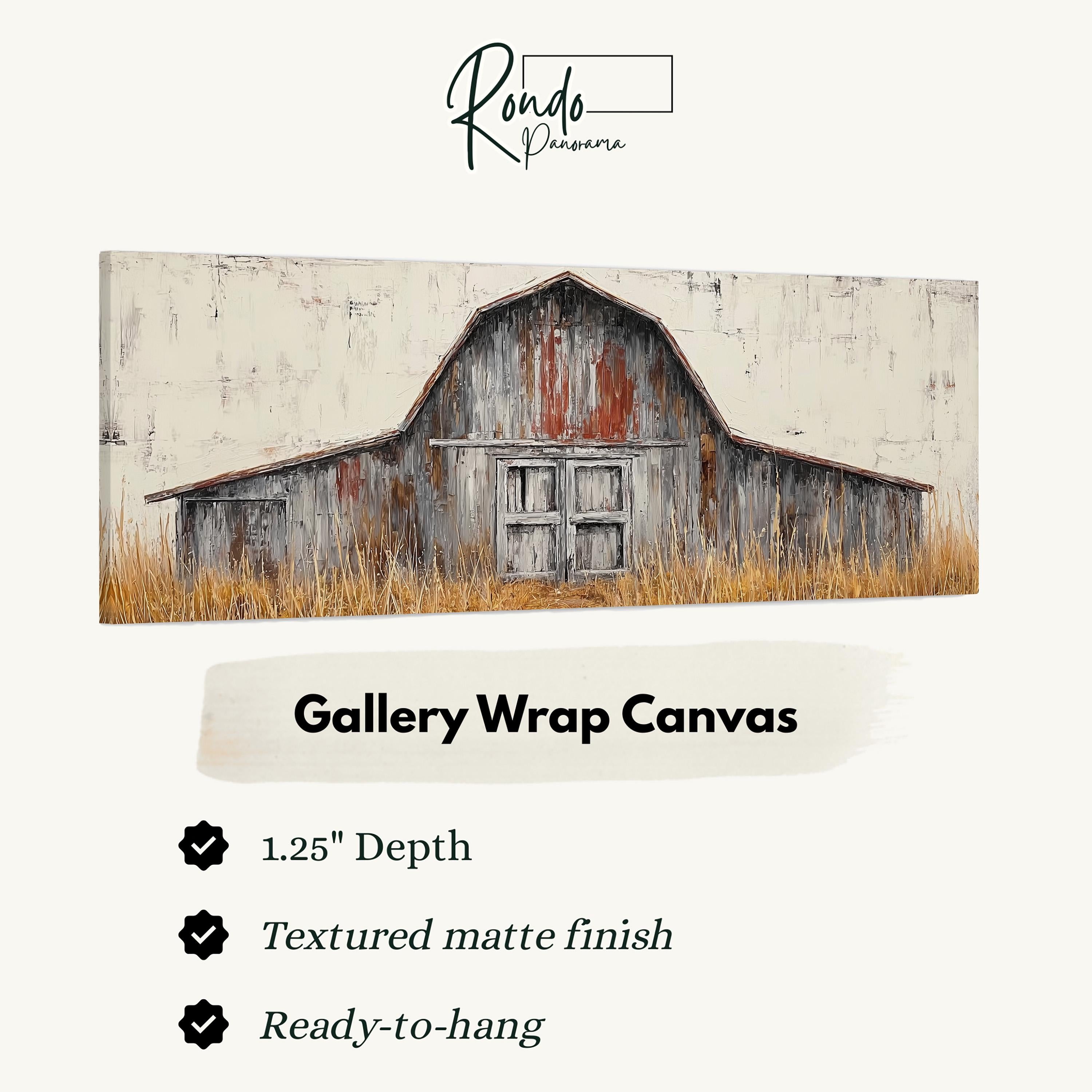 The image is a large canvas painting depicting an old, dilapidated barn with a weathered wooden exterior and a grassy field in the background.