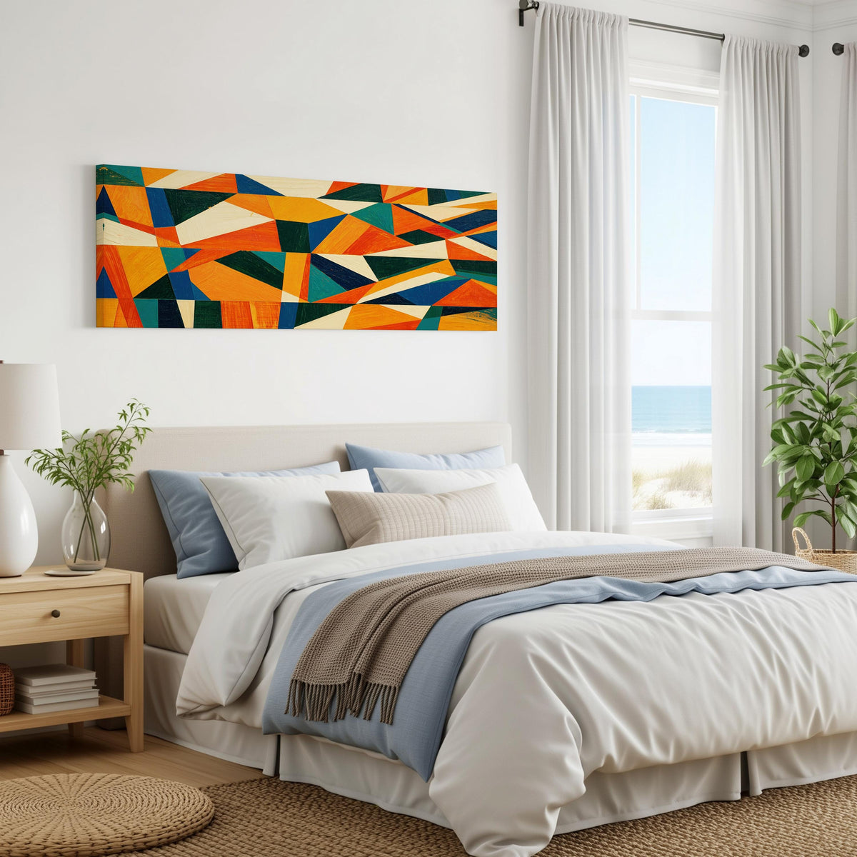 Orange and teal triangle mosaic panoramic canvas print above a bed in a coastal bedroom
