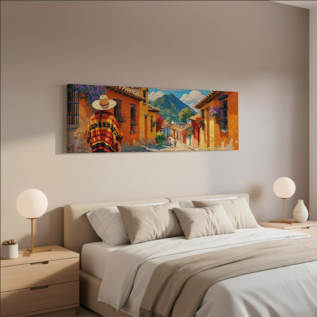 Colorful Guatemalan street with volcano view wide panoramic canvas print above a bed in a neutral bedroom