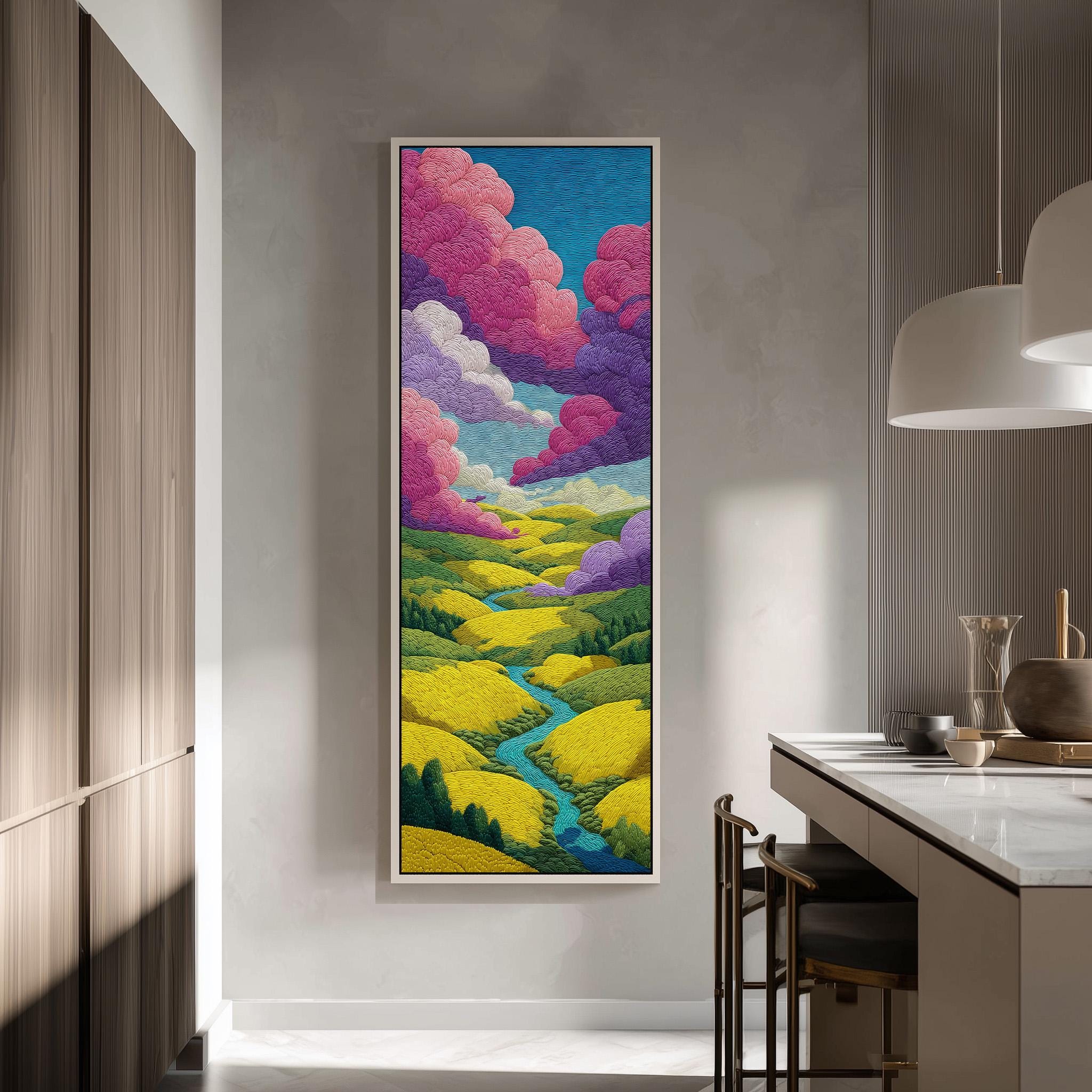 a large, colorful painting of a landscape hanging on a wall in a modern kitchen.