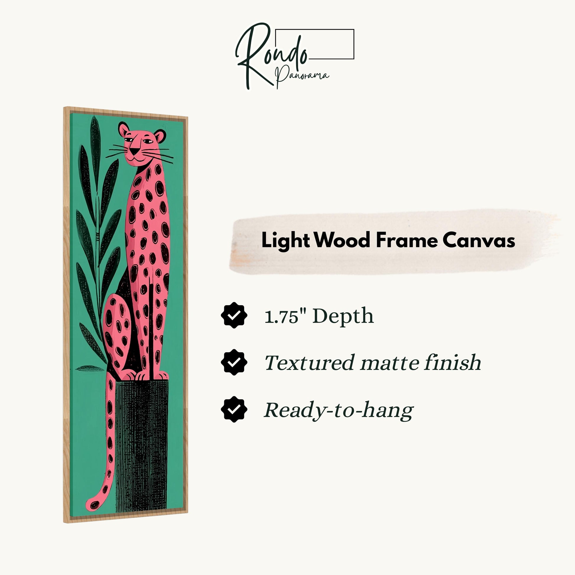 a light wood frame canvas with a pink leopard sitting on a green plant.