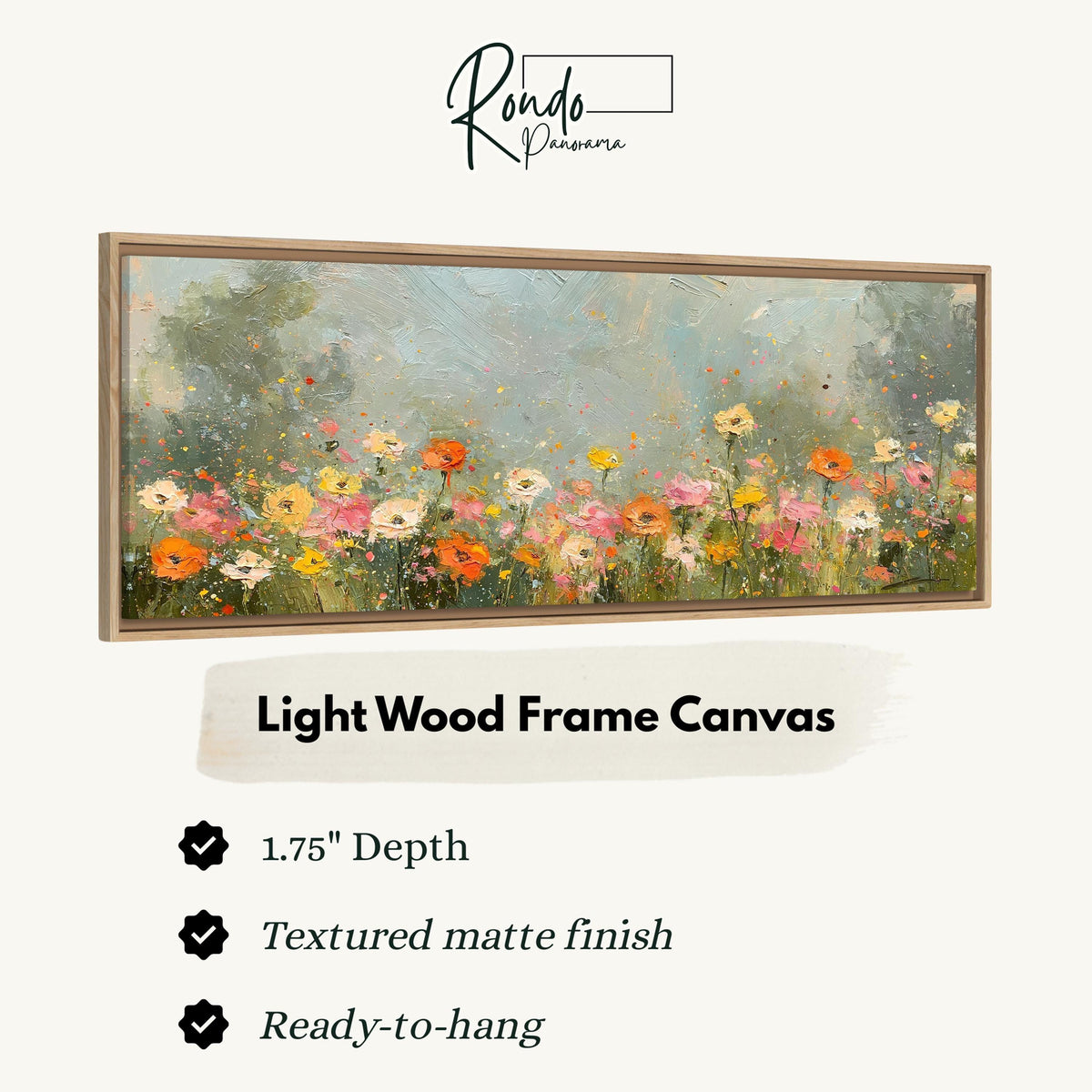 Impressionist wildflower meadow canvas print in a light wood floating frame