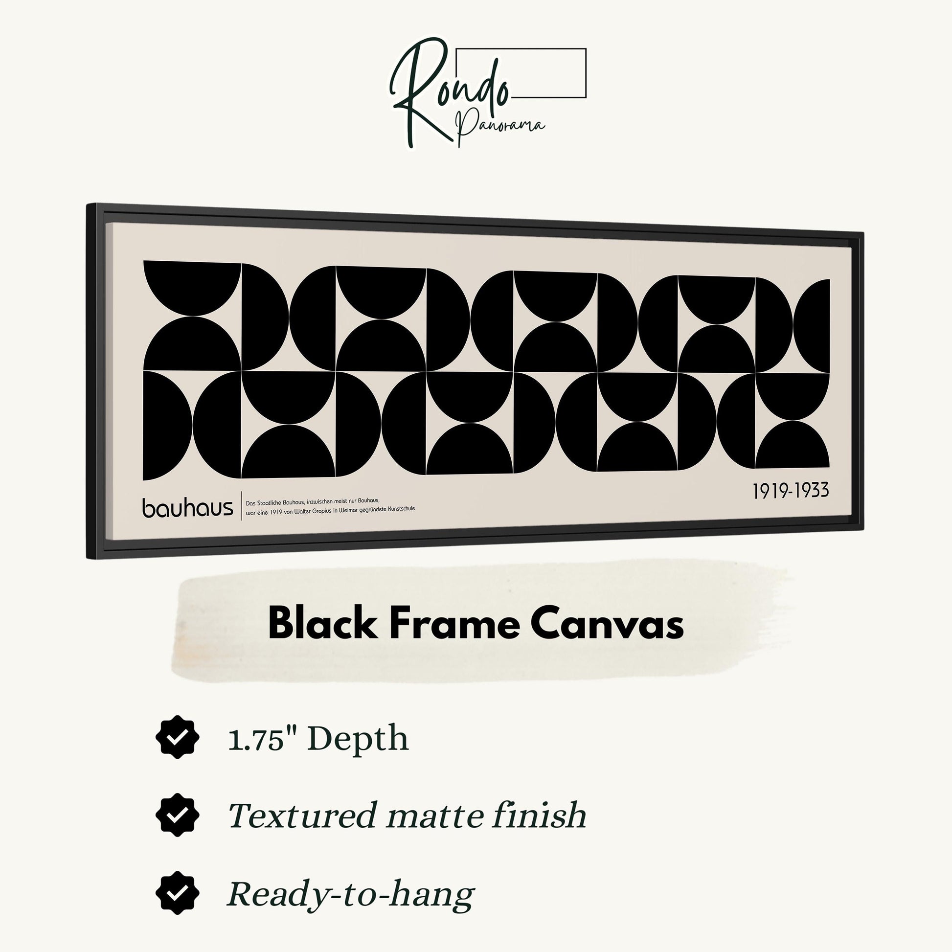 The image is a black and white photograph of a framed canvas with a geometric design.