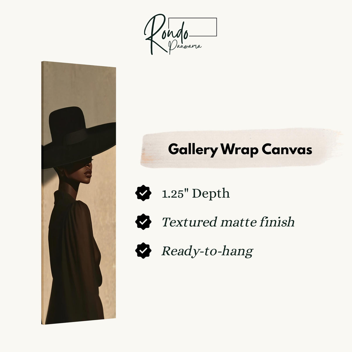 Woman in a wide black hat in profile gallery wrap canvas with the image wrapped around the edges