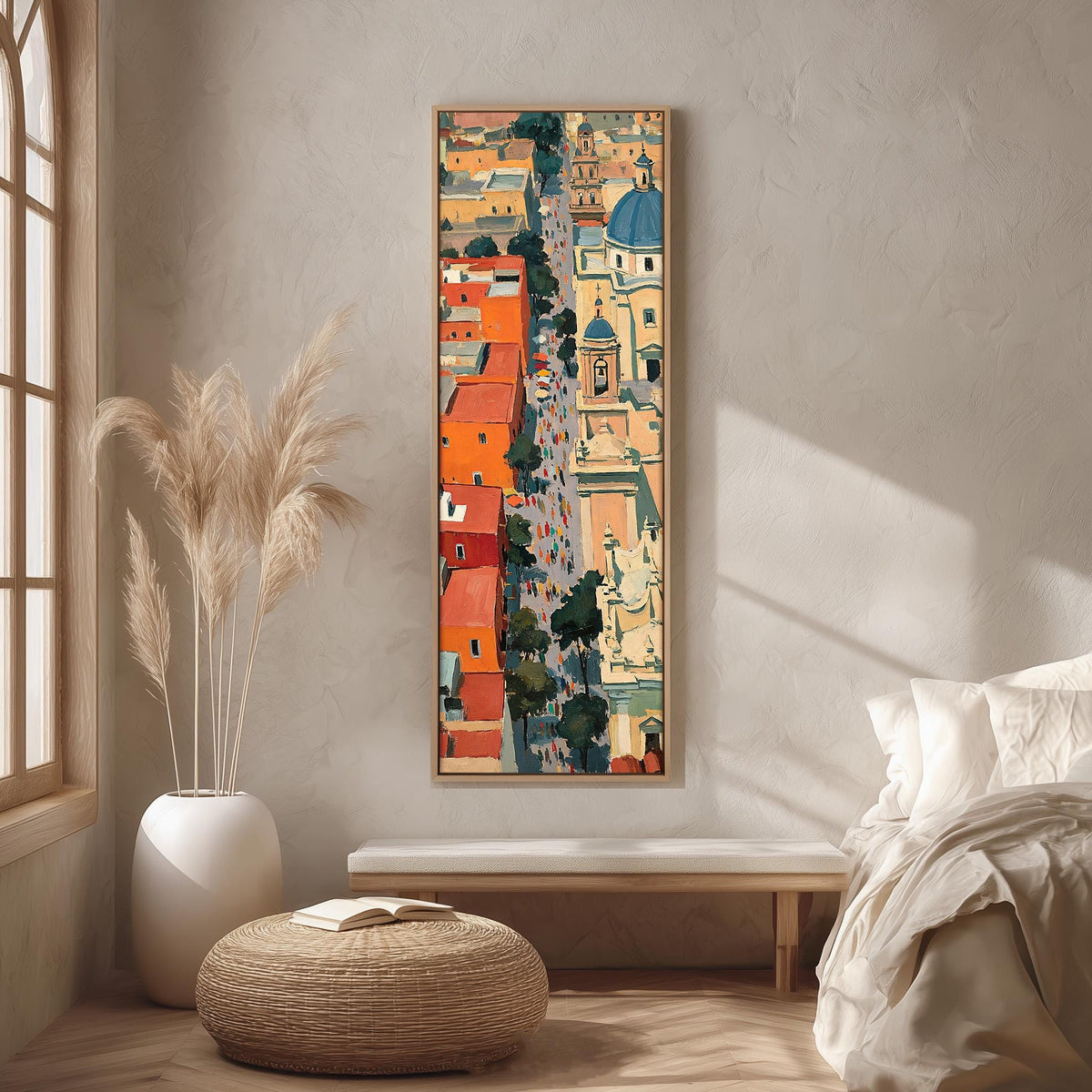 Procession through a colorful old town seen from above long vertical canvas print in a bright reading corner