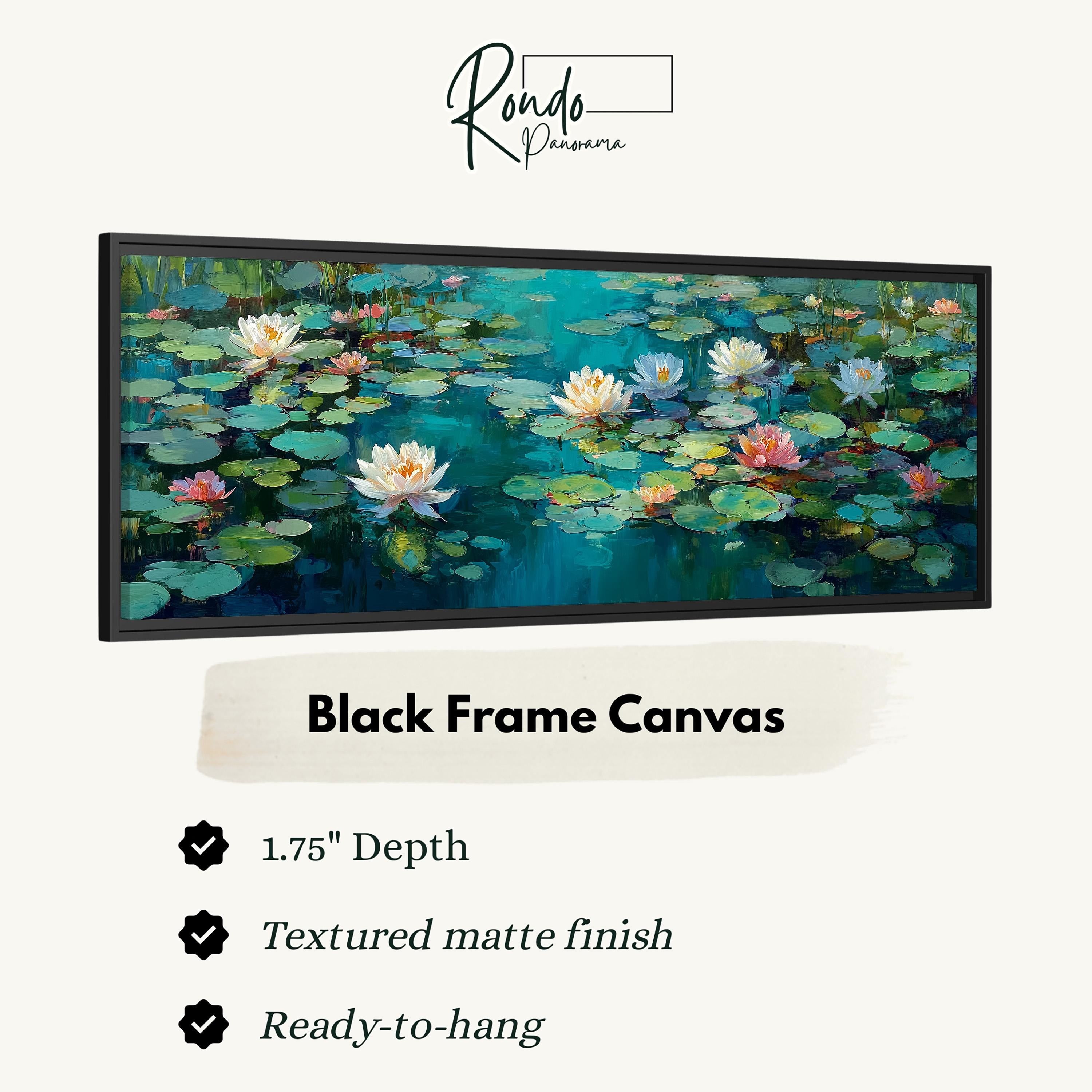 The image is a black frame canvas depicting a serene water lily pond with lily pads and water lilies.