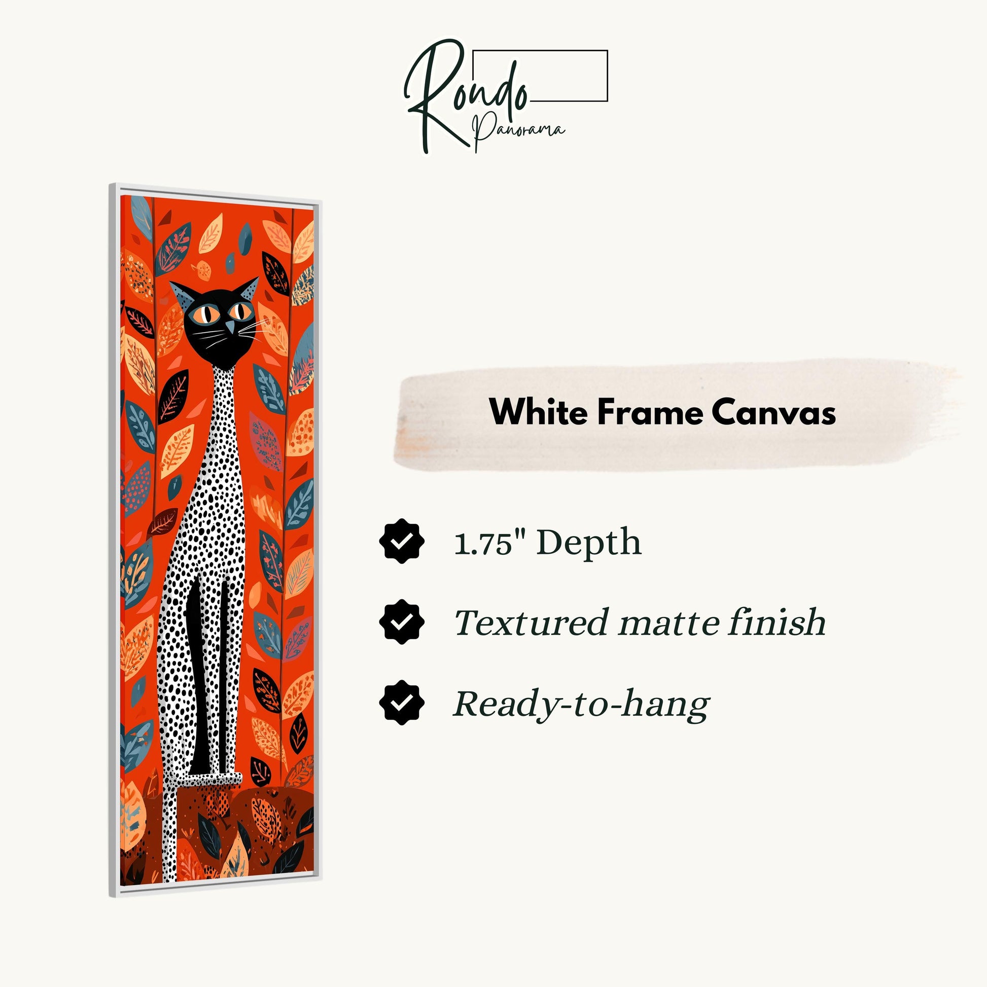 The image is a white frame canvas featuring a black and white cat with orange leaves on a red background.