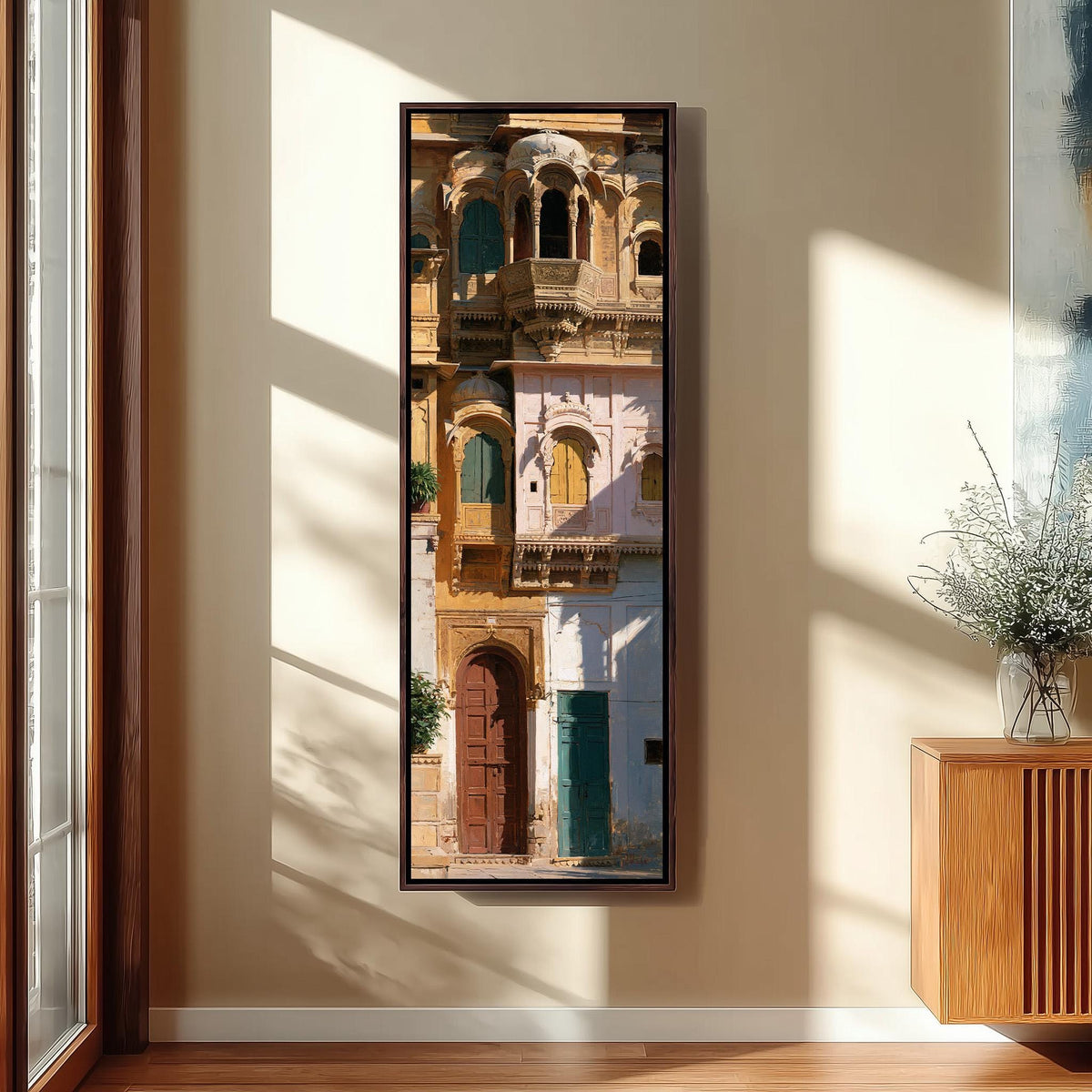 Ornate sandstone palace facade with colorful doors long vertical canvas print in a sunlit living space