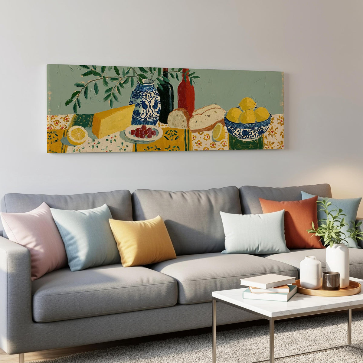 Cheese, wine and lemon spread panoramic canvas print above a grey sofa in a living room