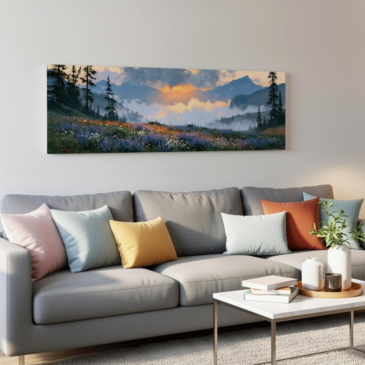 Alpine wildflower meadow at sunset panoramic canvas print above a grey sofa in a living room