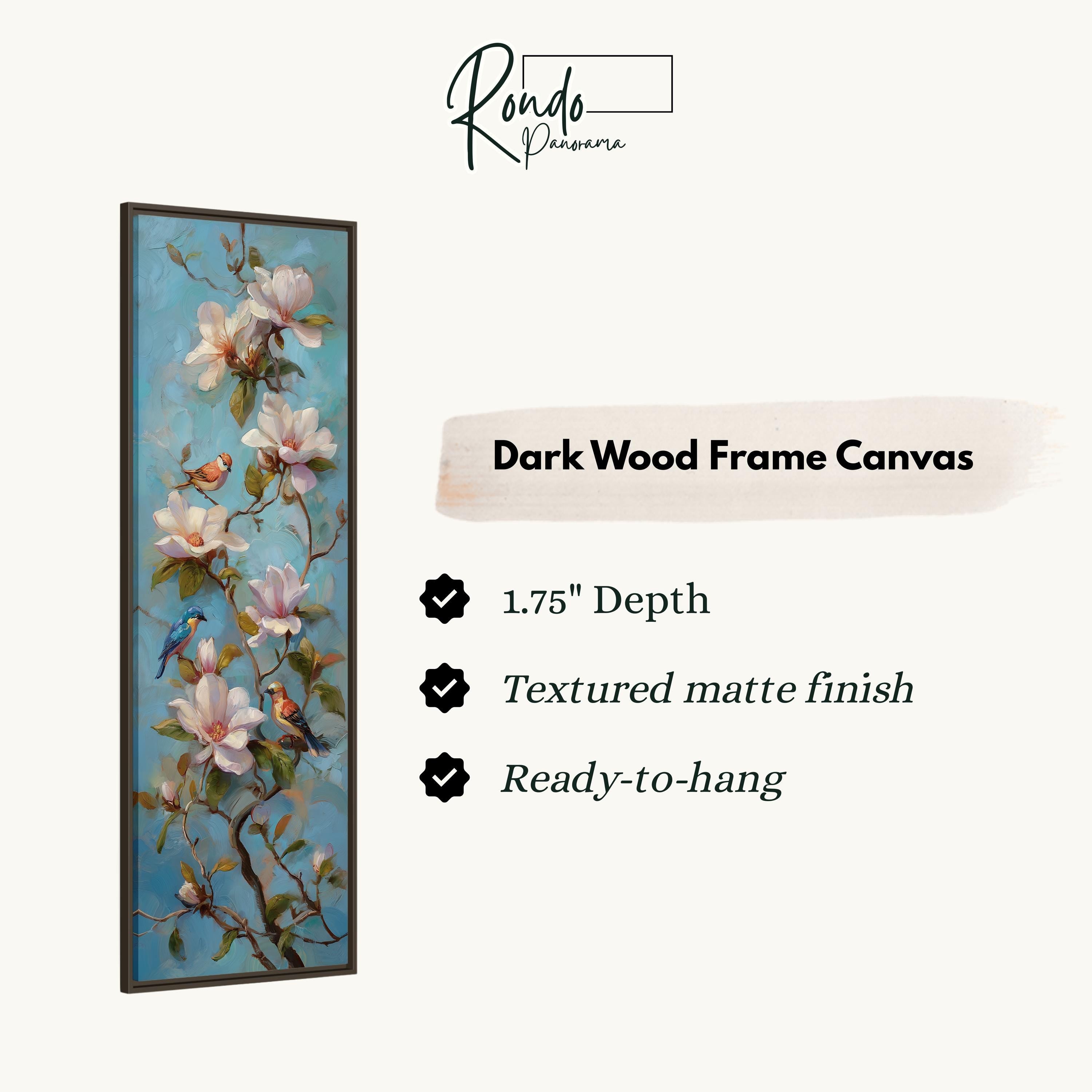 The image is a rectangular dark wood frame canvas with a painting of pink flowers and birds on a branch.