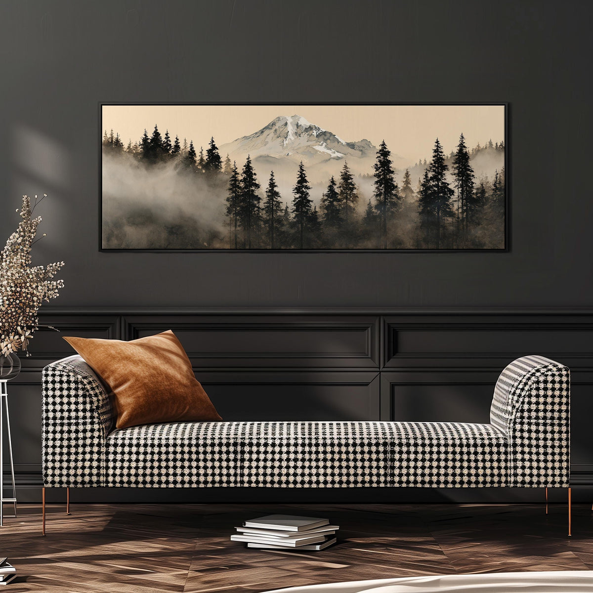 Foggy pine forest below a snowy mountain wide panoramic canvas print above a bench in a dark living room