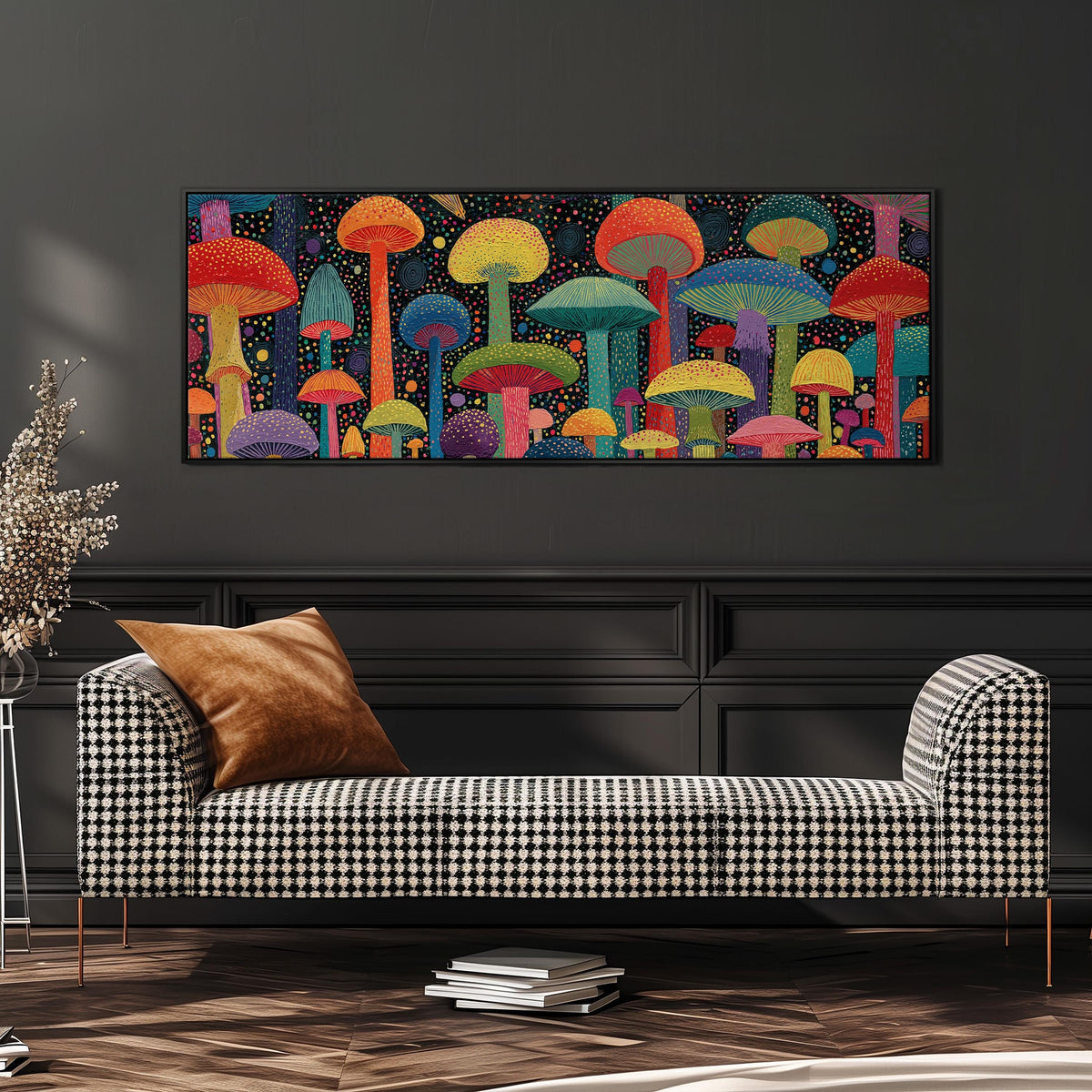 Colorful dotted mushrooms at midnight wide panoramic canvas print above a bench in a dark living room