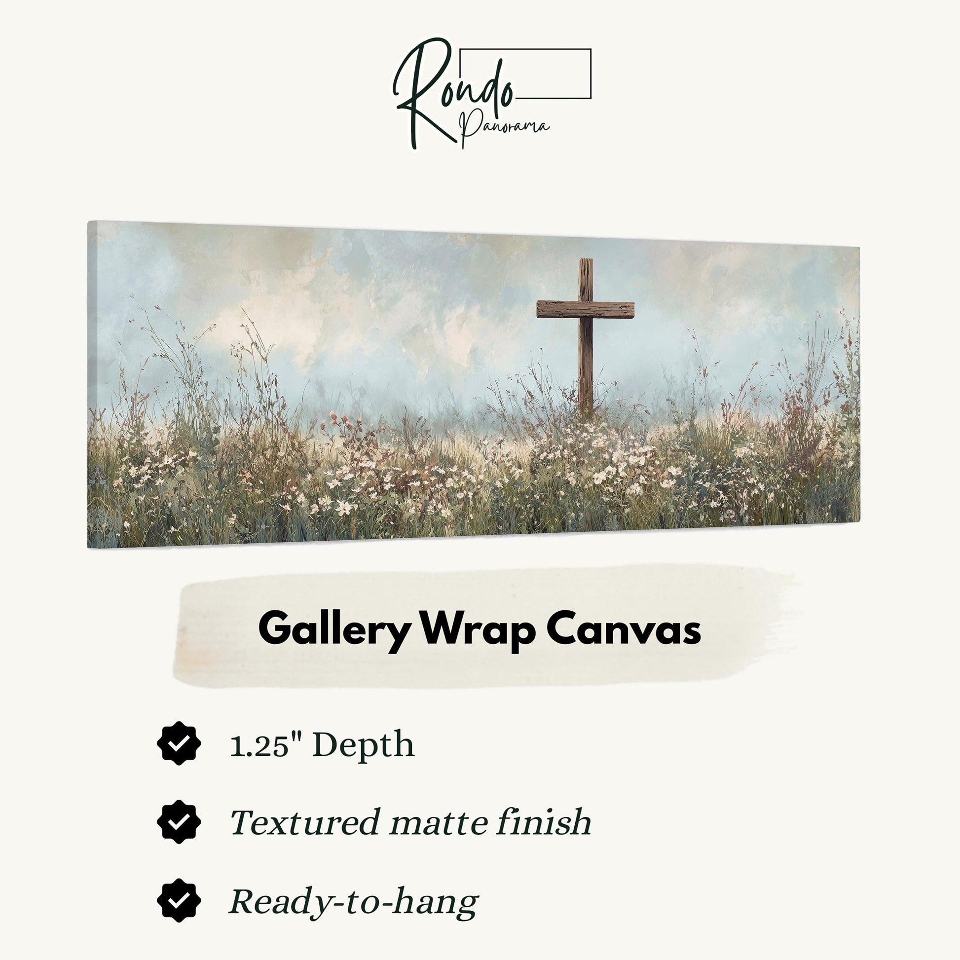 The image is a gallery wrap canvas featuring a pastoral scene with a cross in the foreground and a field of flowers in the background.