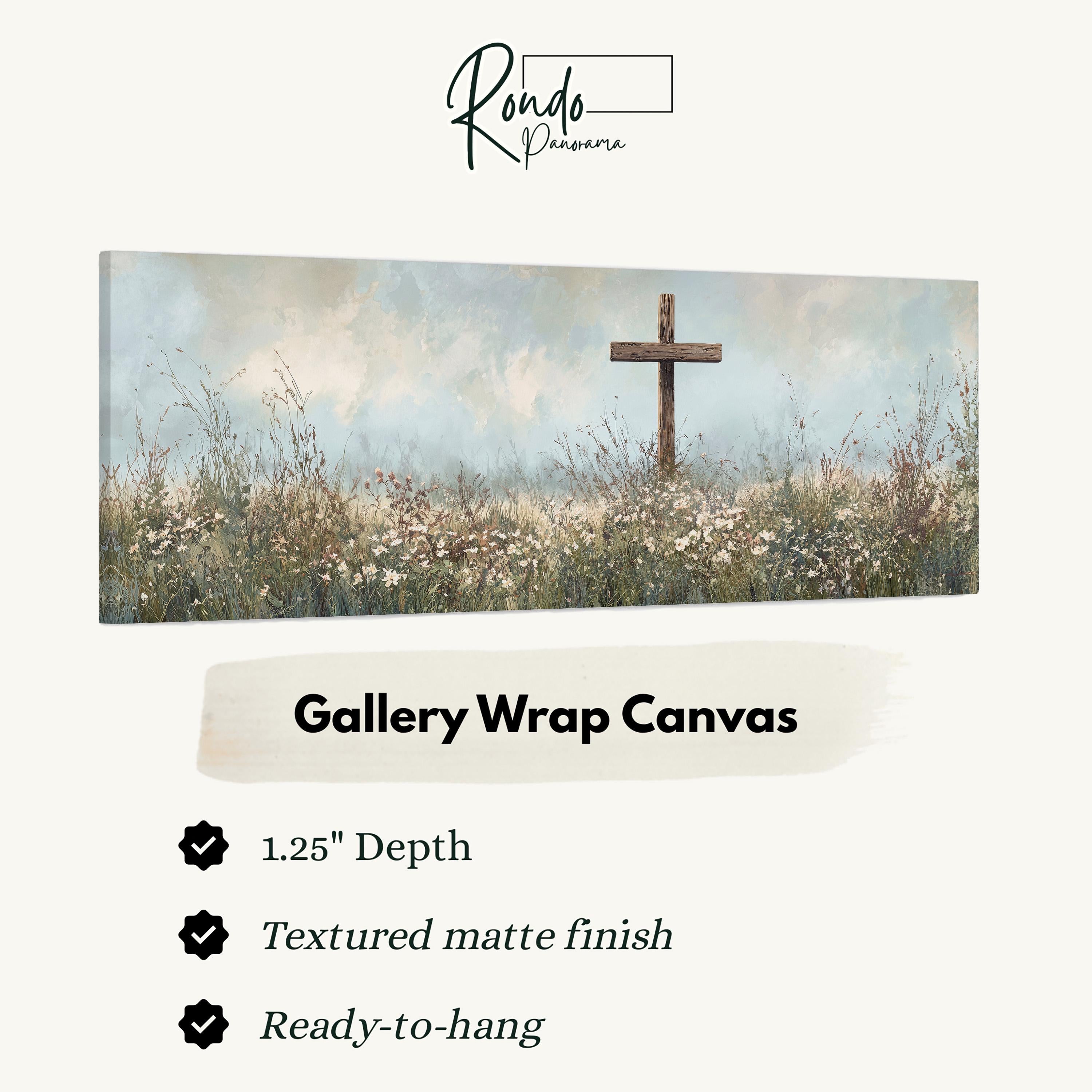 The image is a gallery wrap canvas featuring a pastoral scene with a cross in the foreground and a field of flowers in the background.