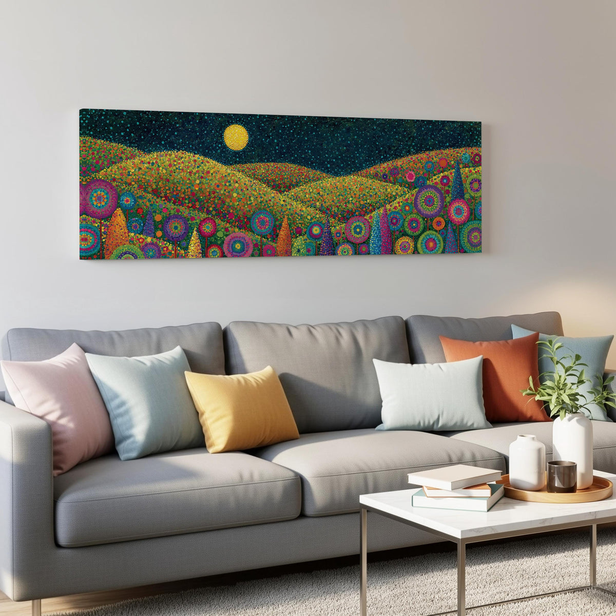 Moonlit flower hills panoramic canvas print above a grey sofa in a living room