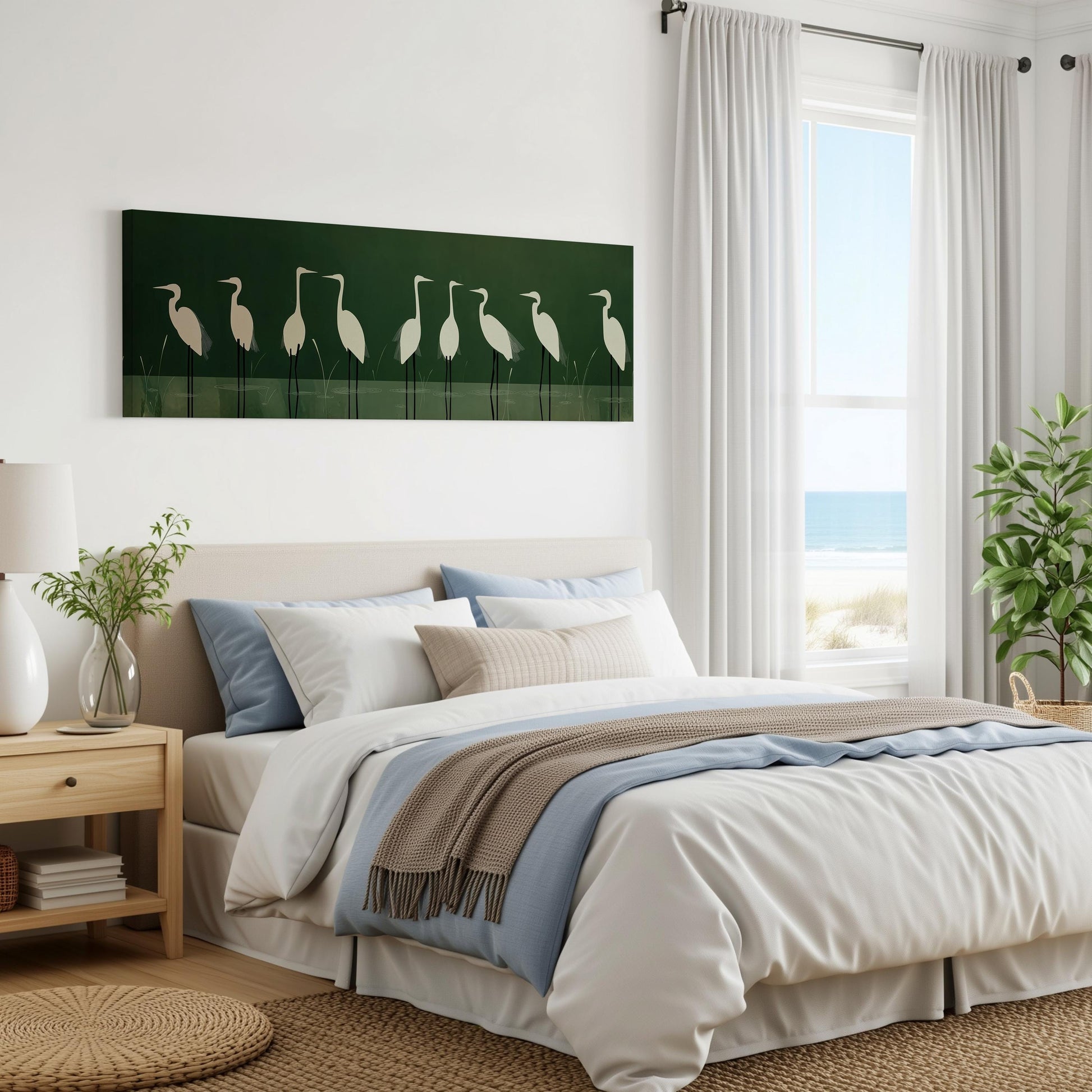 a serene bedroom with a large bed, a nightstand, and a painting of white birds on the wall. The room has a beach view through a window, and there are potted plants and a vase on the nightstand.
