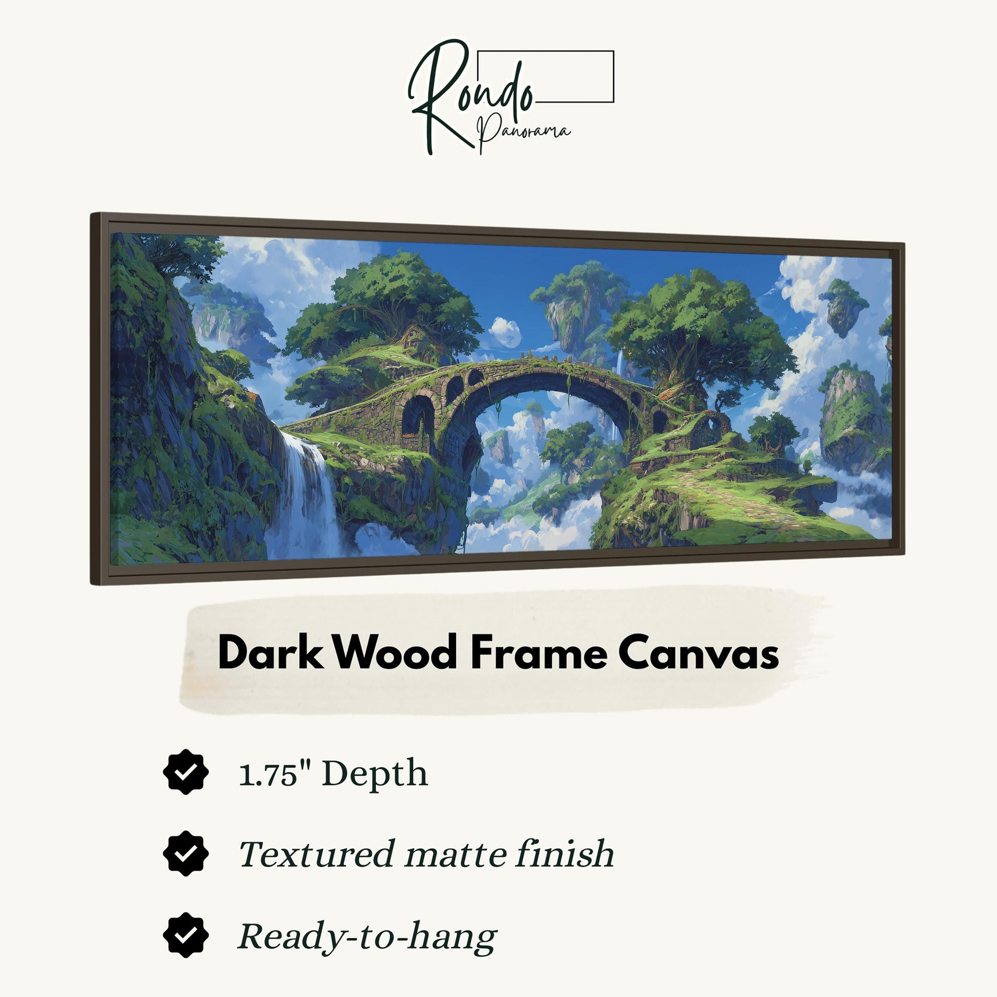 The image is a digital illustration of a forest landscape with a waterfall, and it is a dark wood frame canvas.