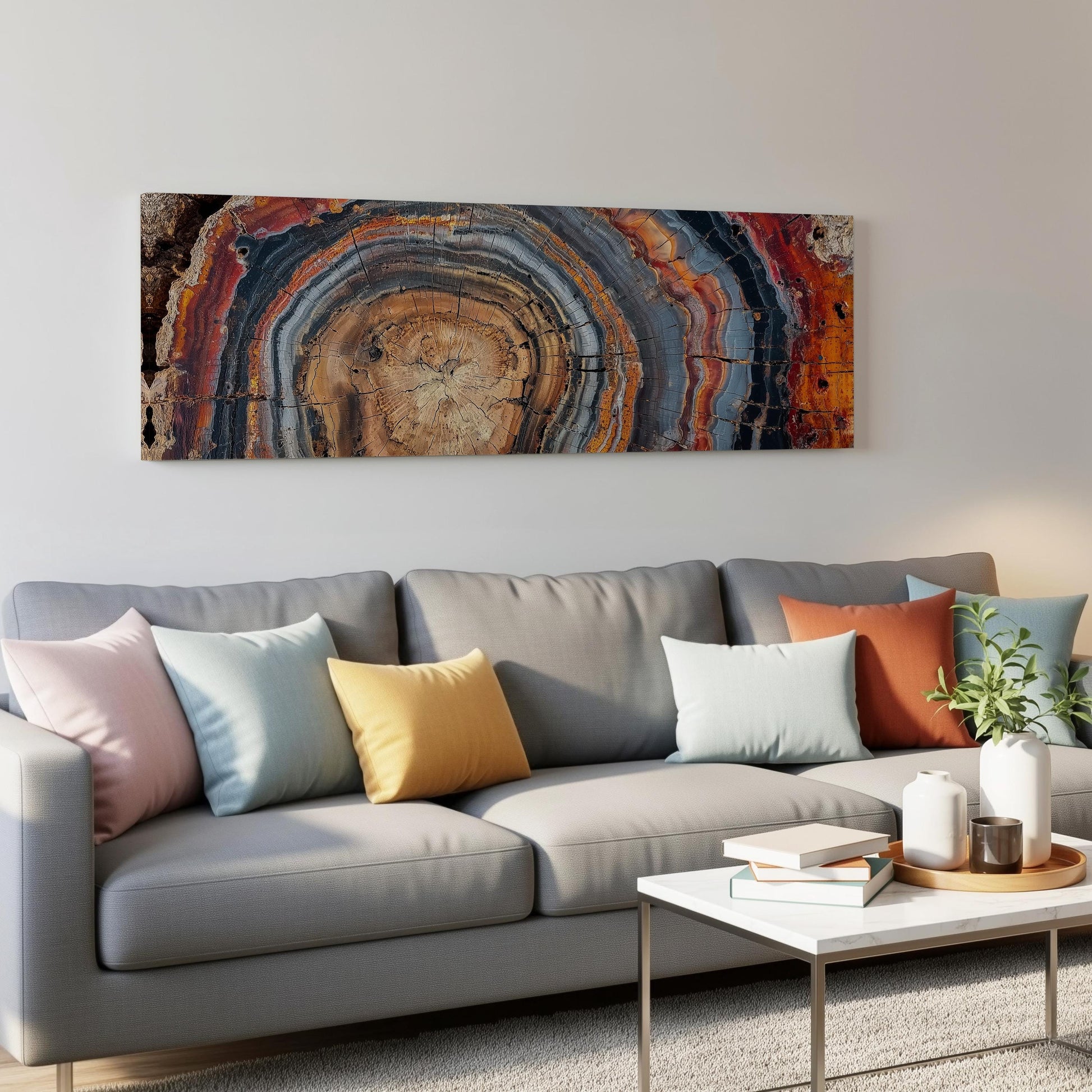a modern living room with a gray sofa adorned with colorful throw pillows. Above the sofa, there is a large abstract painting with a striking color pattern. The room also includes a coffee table with books and a plant, creating a cozy and inviting atmosphere.