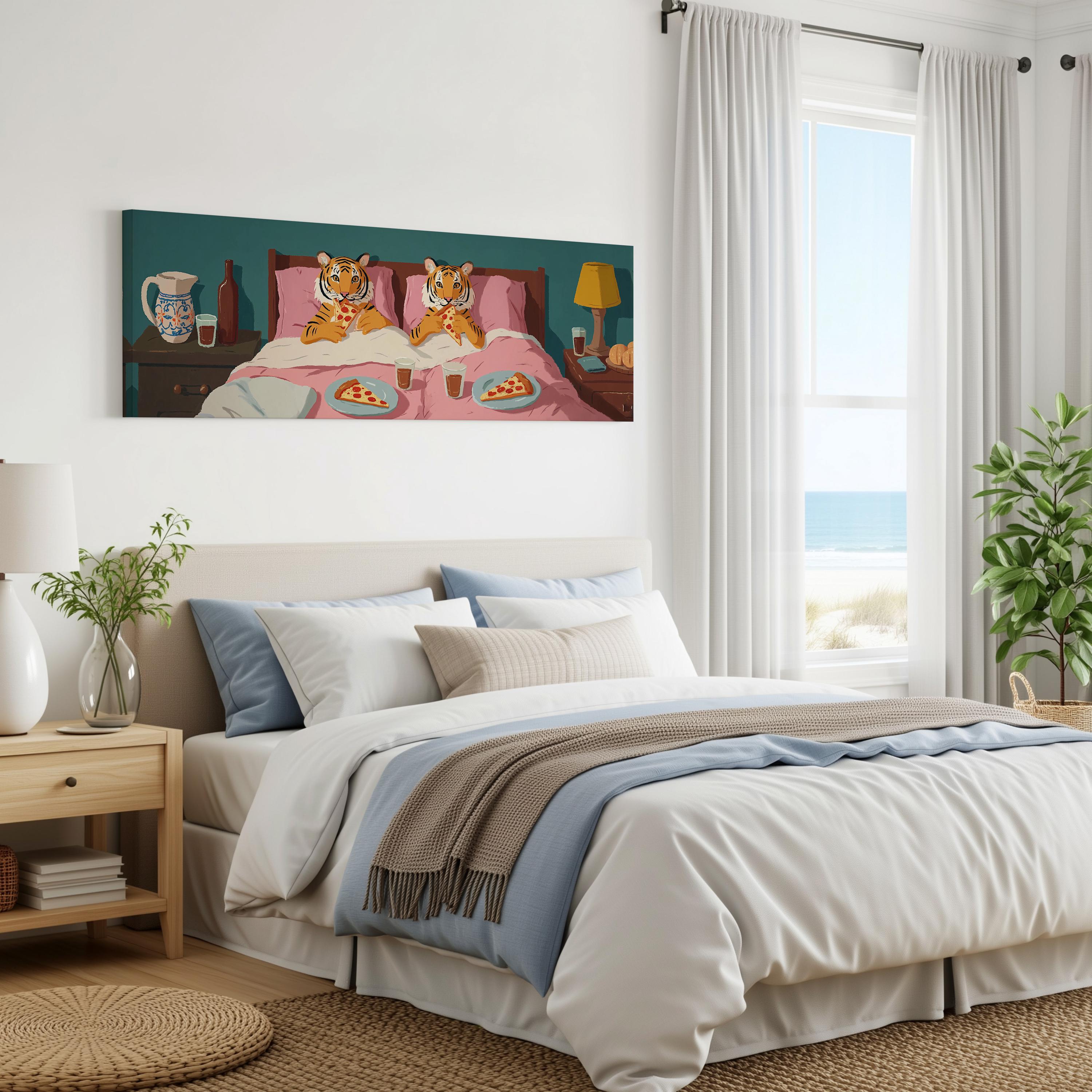 a cozy bedroom with a large bed, a nightstand, and a painting of two tiger cats on the wall. The painting features the cats sitting on a bed with plates of food in front of them. The room has a window overlooking the ocean, and there are plants and a rug adding to the overall decor.