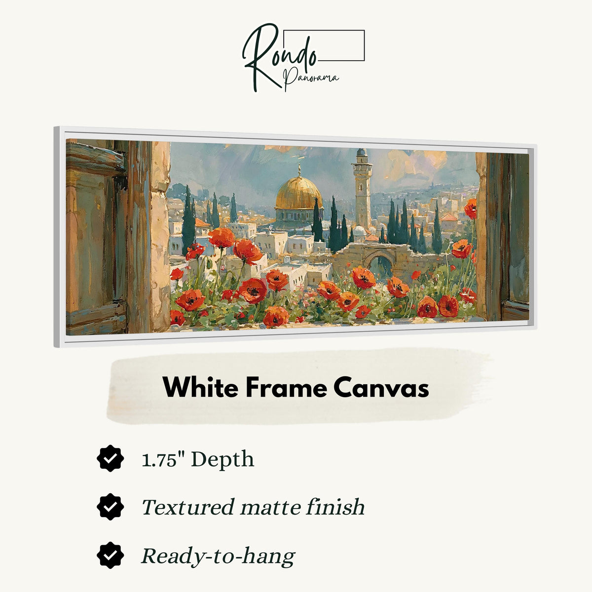 Jerusalem skyline through a window with poppies canvas print in a white floating frame