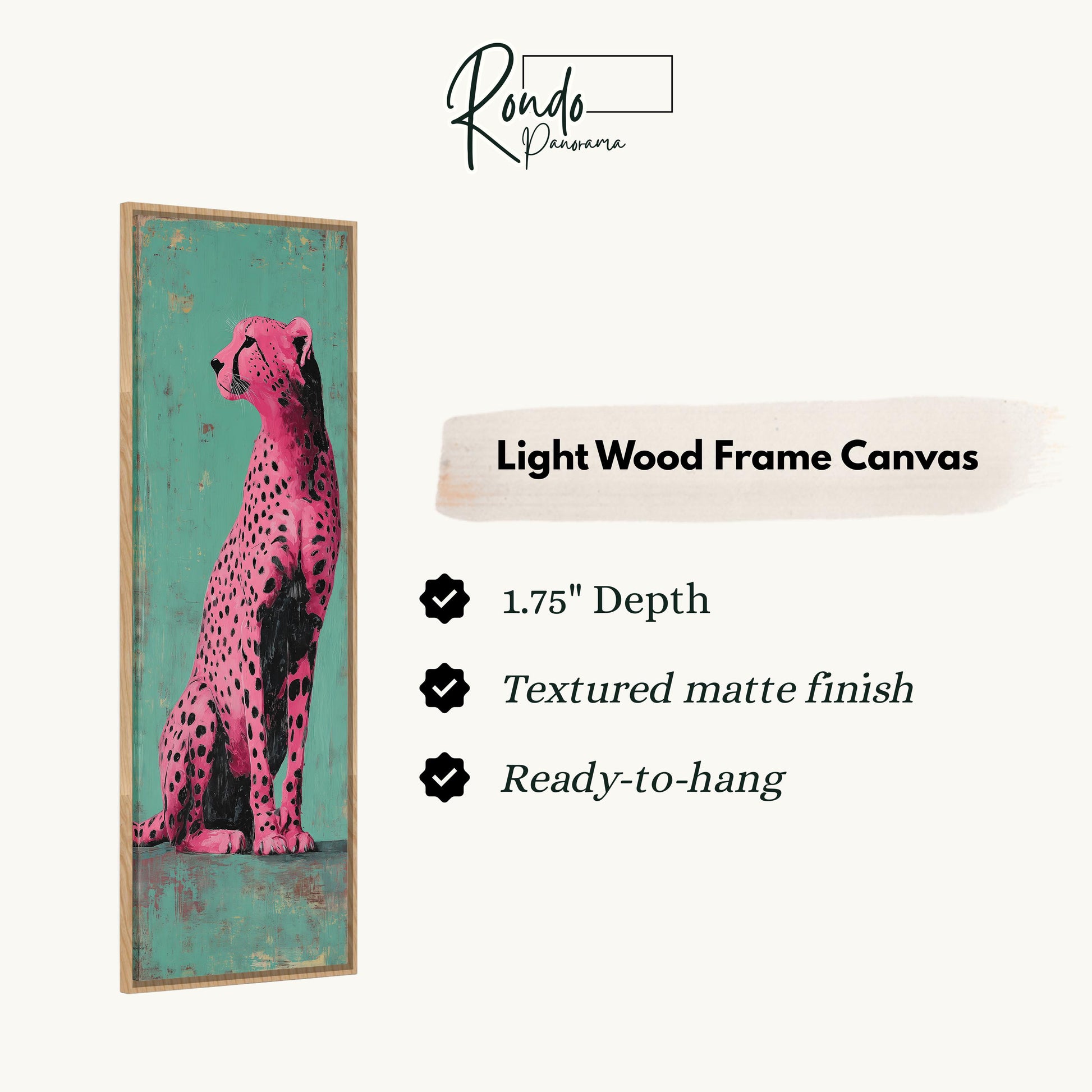 a pink cheetah on a green background, with a light wood frame.