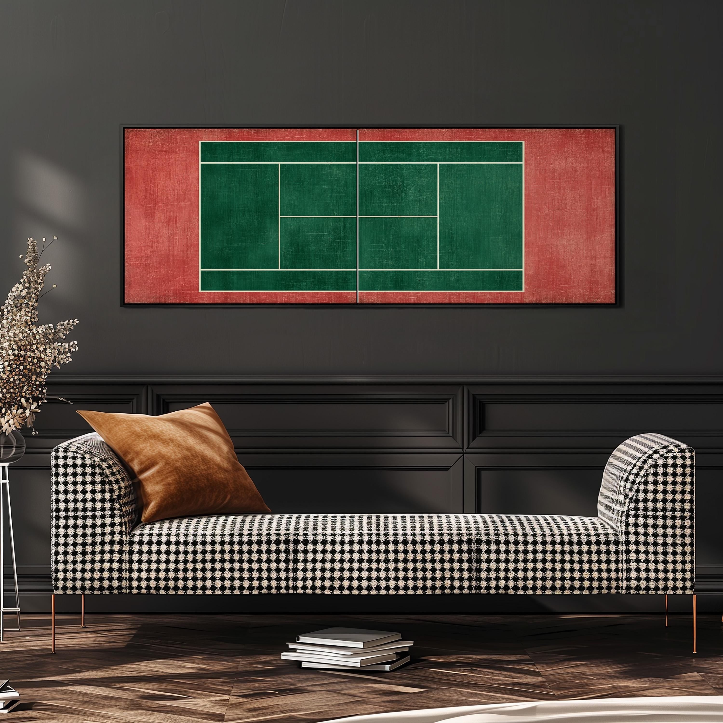 a black and white checkered sofa with a brown throw pillow, set against a dark wall with a framed tennis court painting above it.