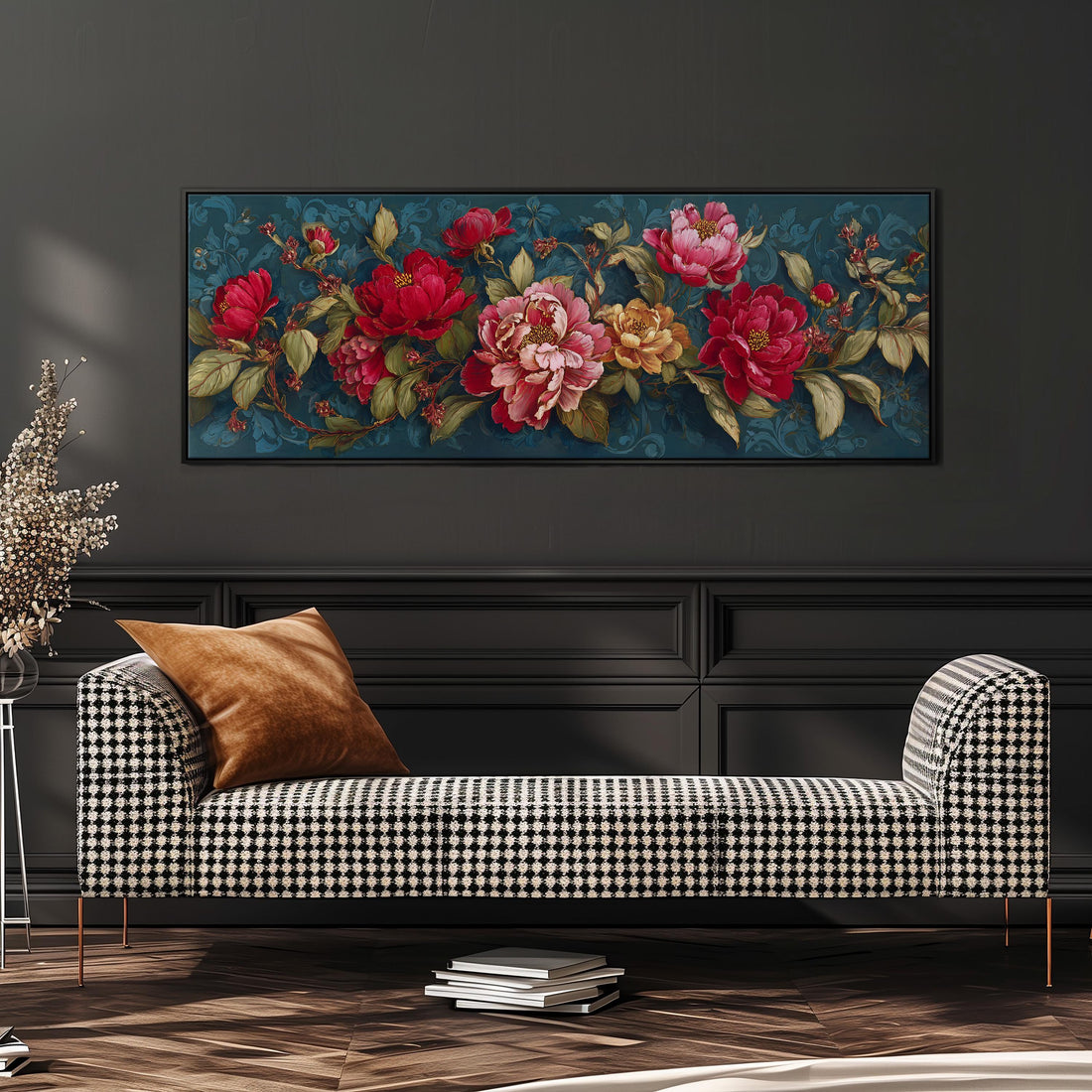 a large floral painting hanging on a wall above a black and white checkered sofa in a living room setting.
