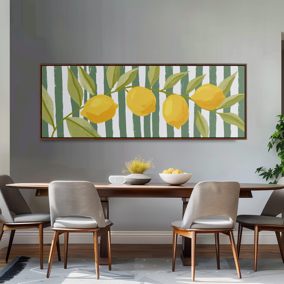 Lemon branch on green stripes long horizontal canvas print above a sofa in a living room