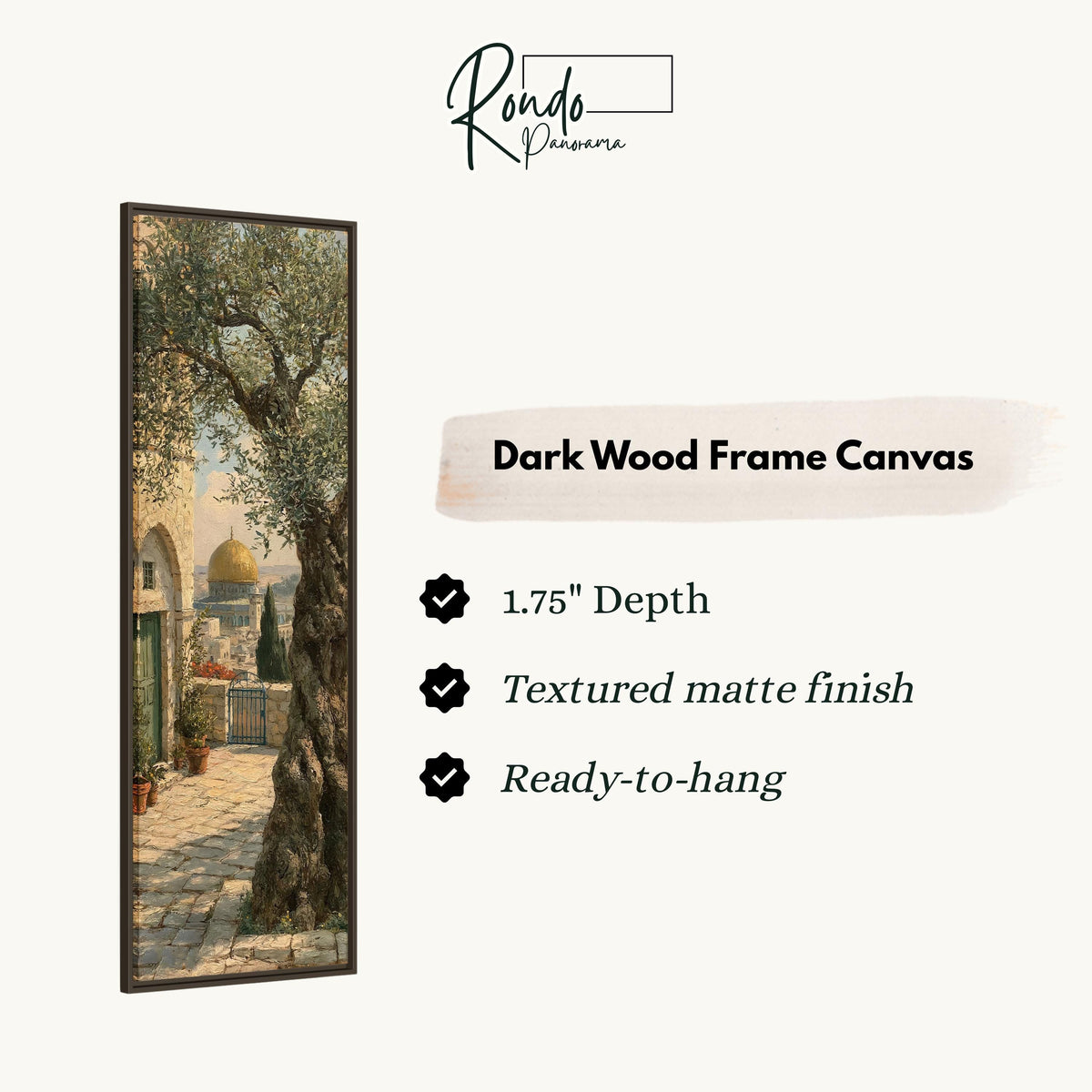 Ancient olive tree near the golden dome canvas print in a dark wood floating frame