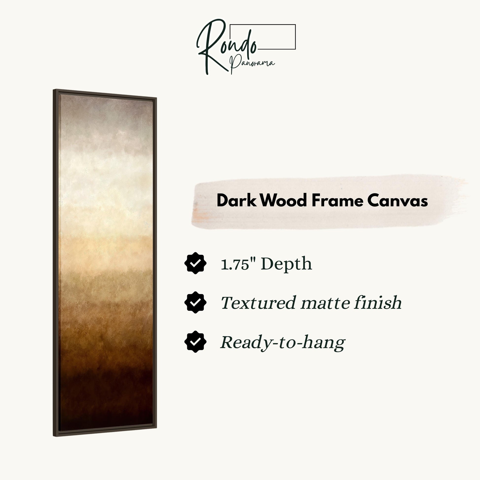 The image is a product description for a dark wood frame canvas. It features a vertical image of a wooden frame with a gradient background, and provides details about the product, including its dimensions, finish, and hanging capabilities.