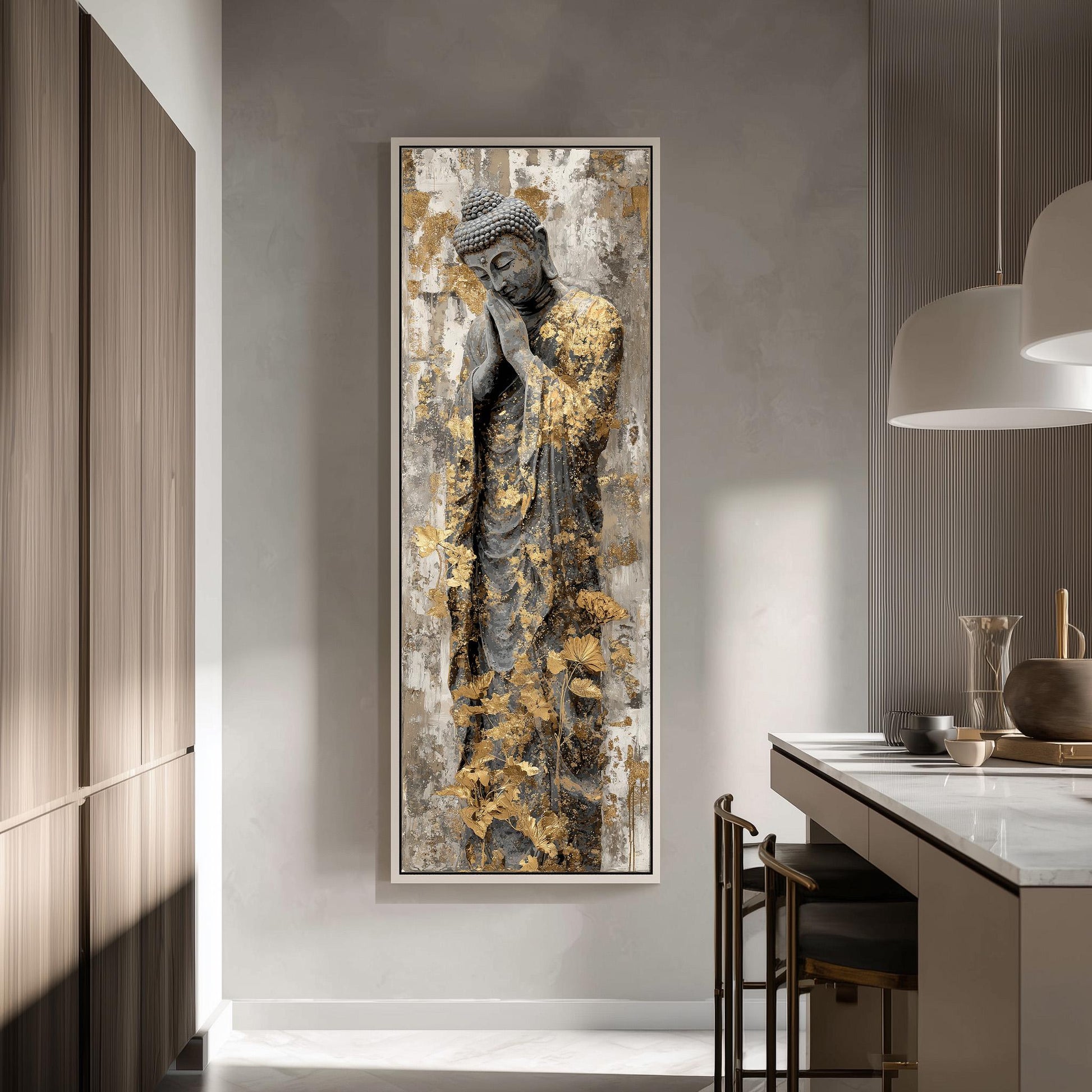 a large framed painting of a Buddha statue with gold leaf adornments, hanging on a wall in a modern, minimalist interior space.