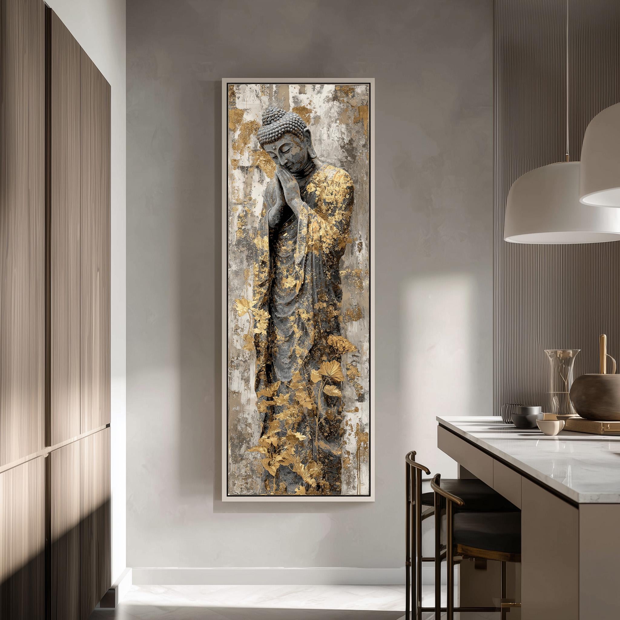 a large framed painting of a Buddha statue with gold leaf adornments, hanging on a wall in a modern, minimalist interior space.