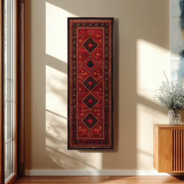 Red Persian rug pattern long vertical canvas print in a sunlit living space