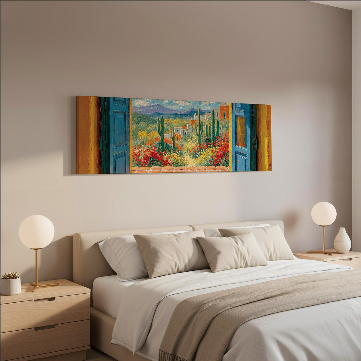 Cactus courtyard seen through blue doors wide panoramic canvas print above a bed in a neutral bedroom